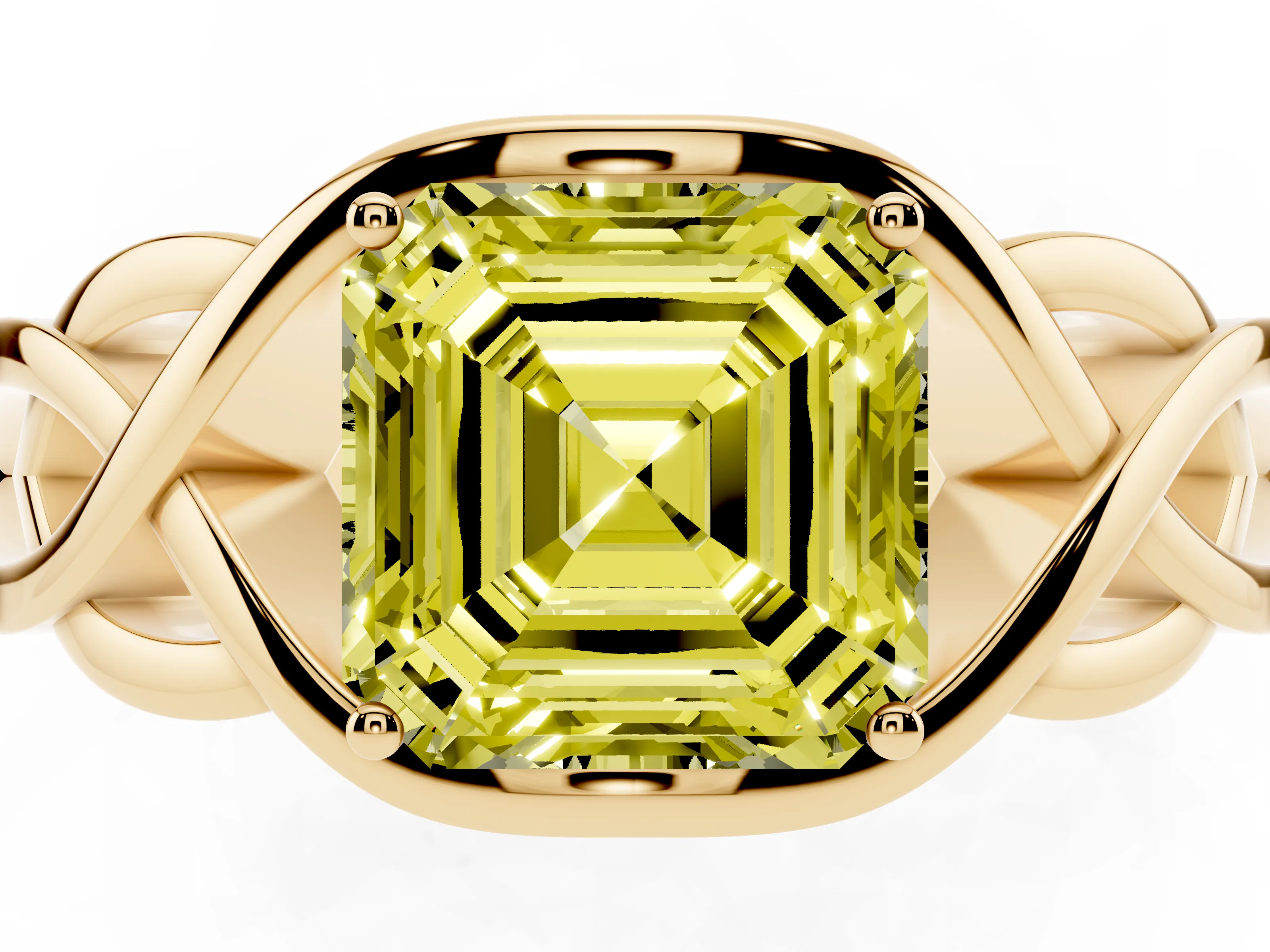 Fancy Yellow Asscher Cut Diamond Solitaire Ring Set in Yellow gold with Intertwined Band