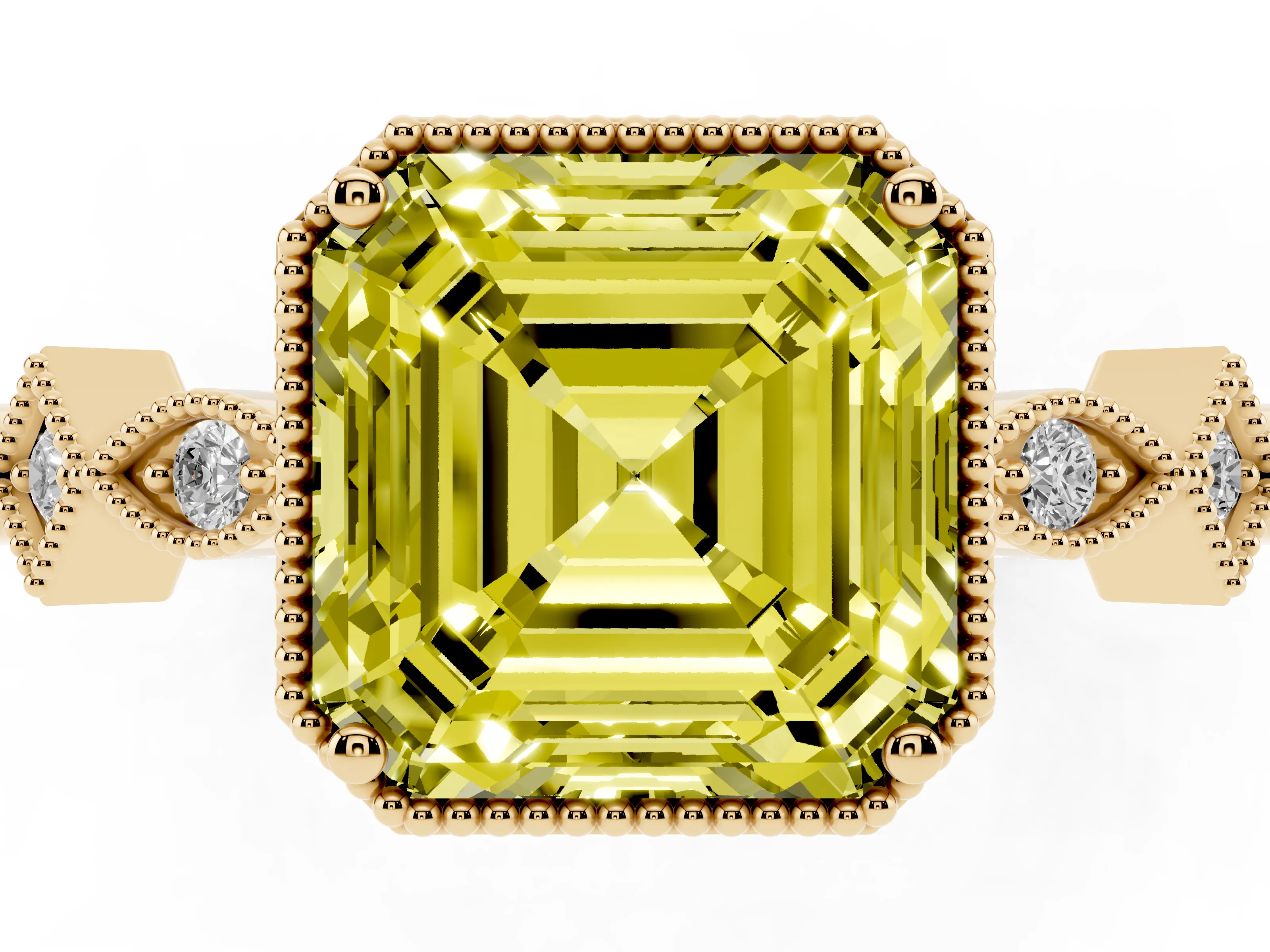 Fancy Yellow Asscher Cut Diamond Milgrain Marquise Twist Band Ring Set in Yellow gold with Prong Setting