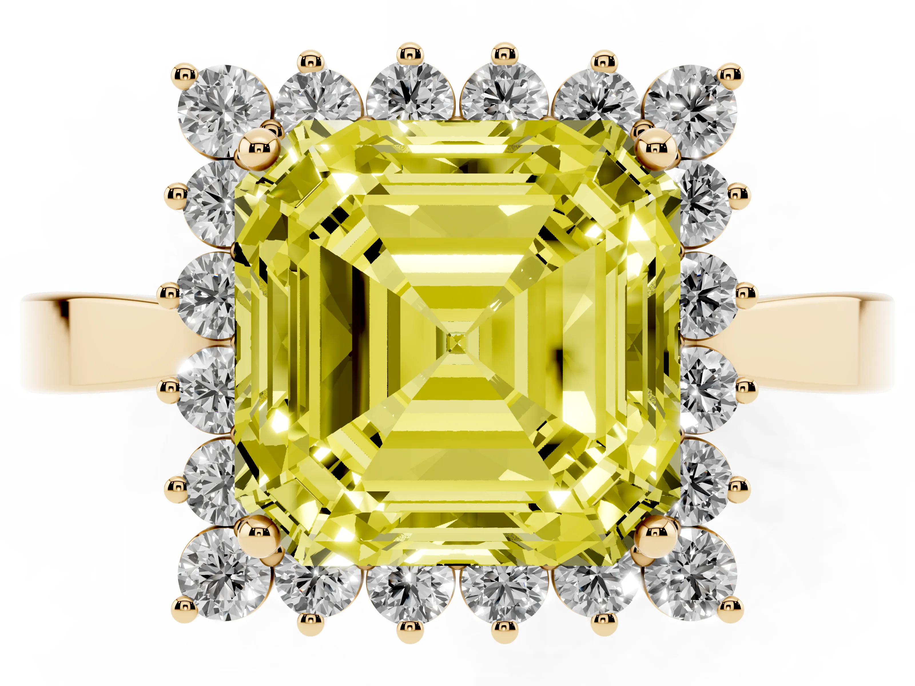 Fancy Yellow Asscher Cut Diamond Halo Ring Set in Yellow gold with Round Halo and Smooth Solitaire Band