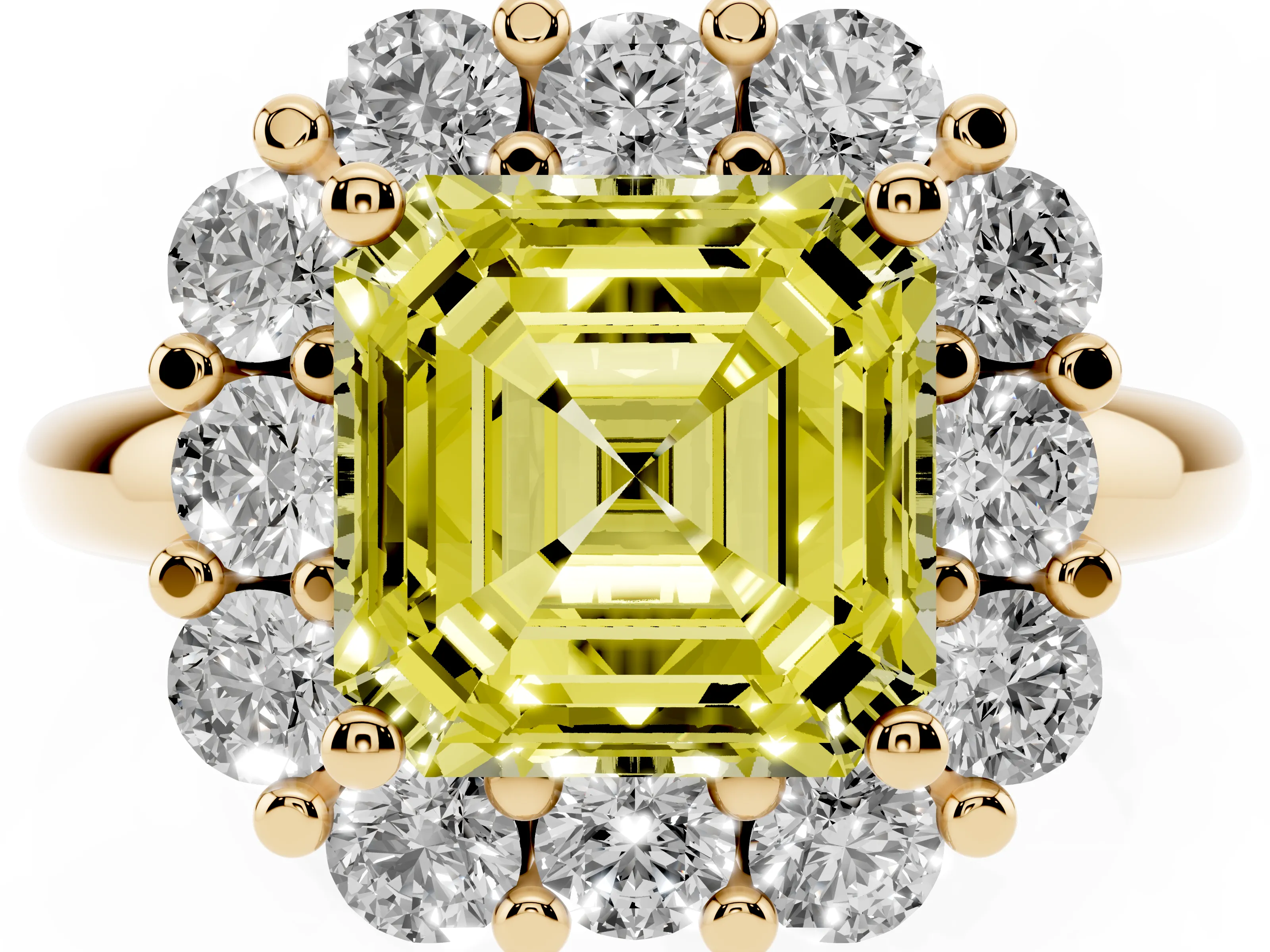 Fancy Yellow Asscher Cut Diamond Halo Cluster Engagement Ring Set in Yellow gold with Polished Band and Prong Setting