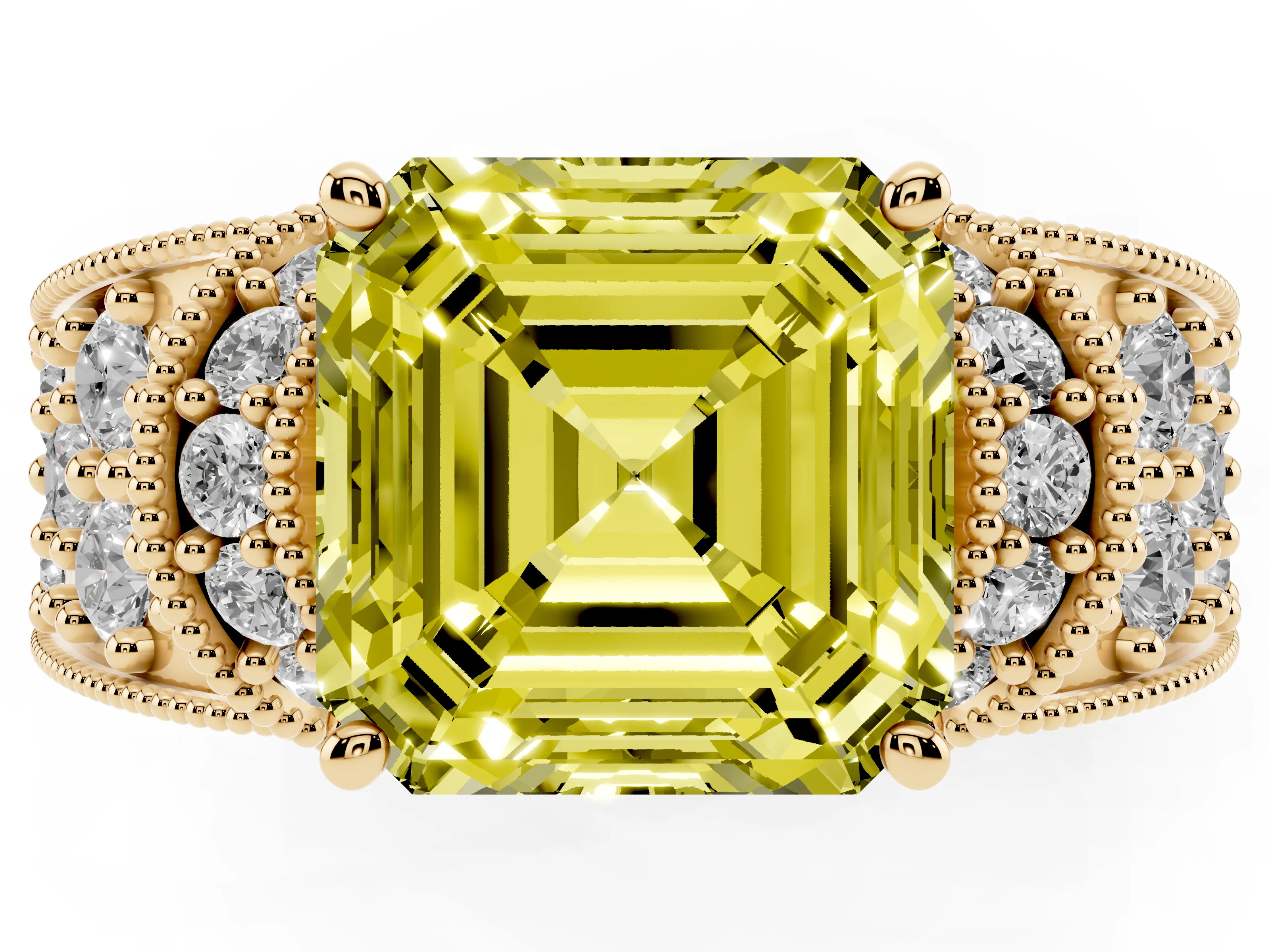 Fancy Yellow Asscher Cut Diamond Milgrain Halo Pavé Engagement Ring Set in Yellow gold with Prong Setting