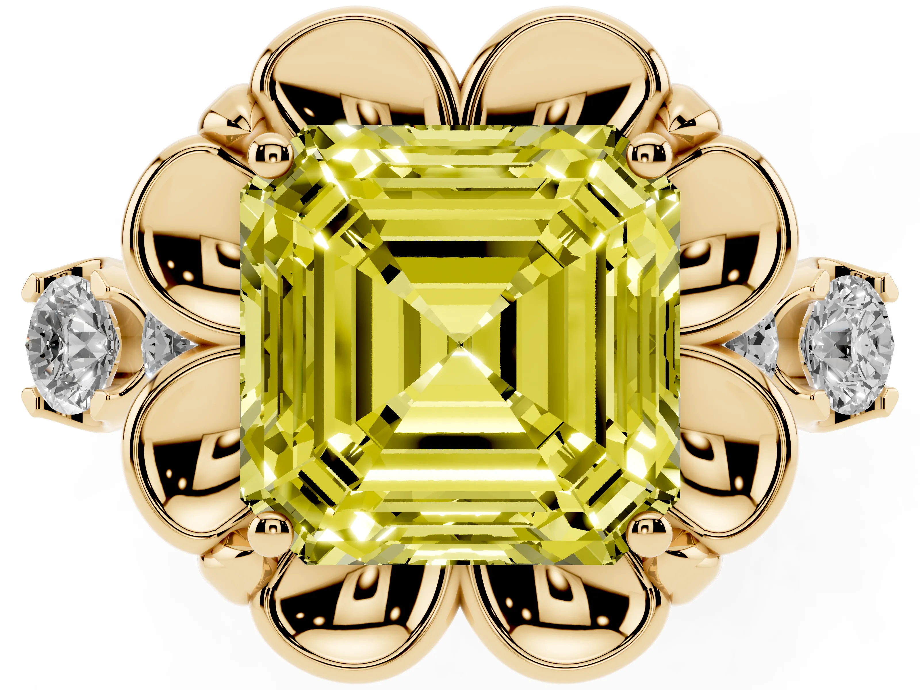 Fancy Yellow Asscher Cut Diamond Floral Halo Ring Set in Yellow gold with Shared Prong Band