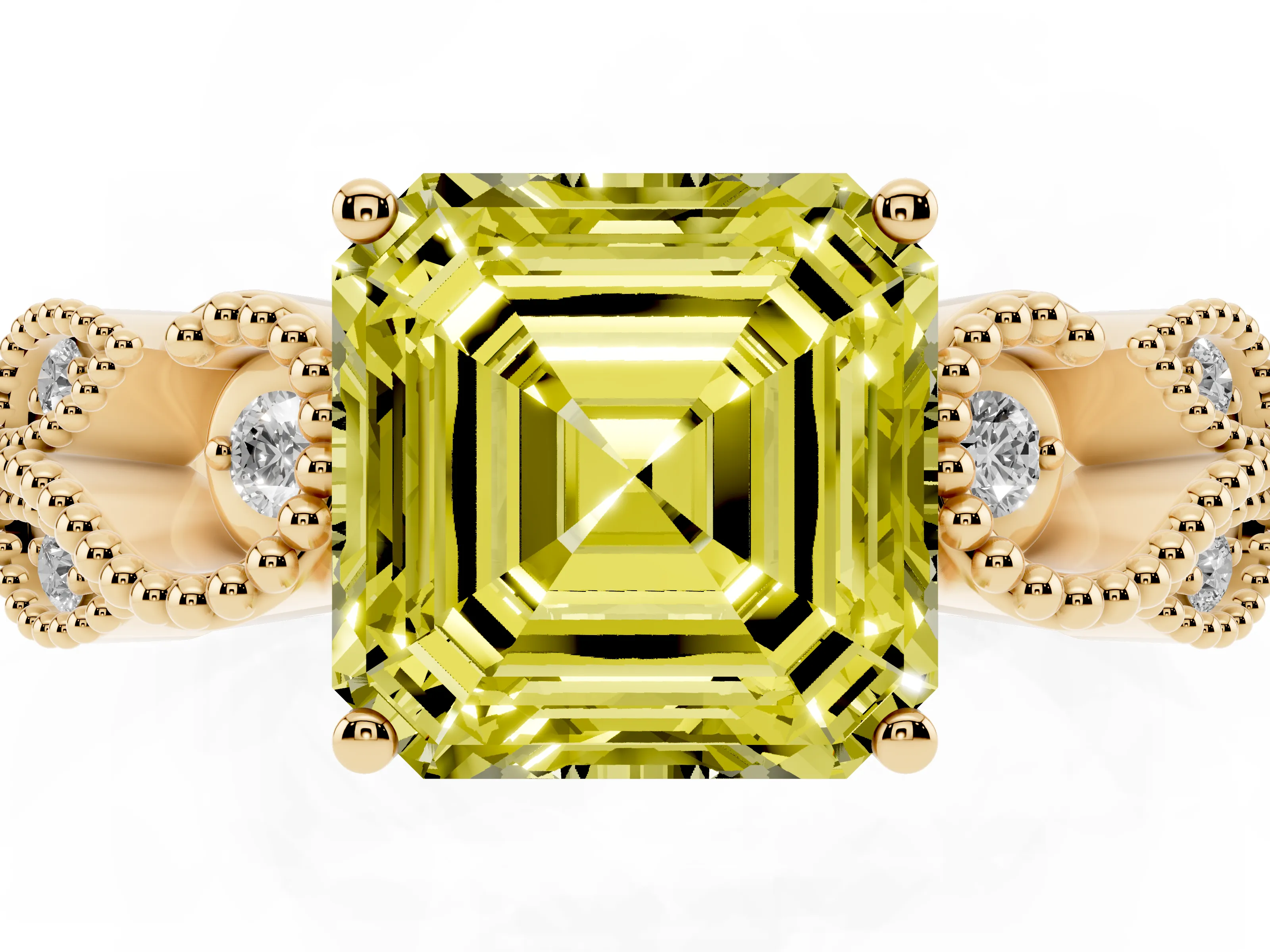 Fancy Yellow Asscher Cut Diamond Milgrain Leaf Band Solitaire Ring Set in Yellow gold with Accent Stones and Prong Setting
