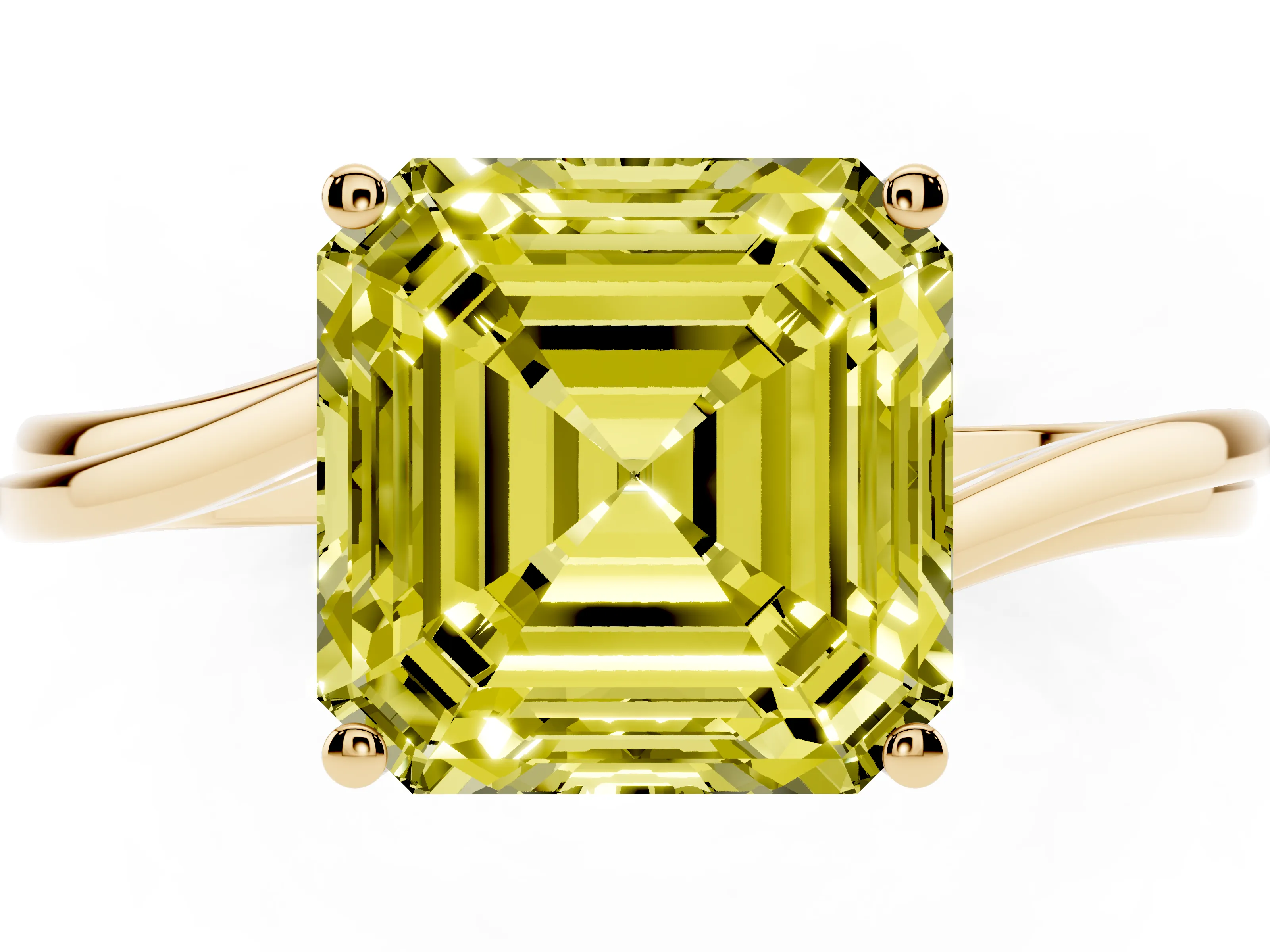 Fancy Yellow Asscher Cut Diamond Solitaire Twist Band Ring Set in Yellow gold with Prong Setting