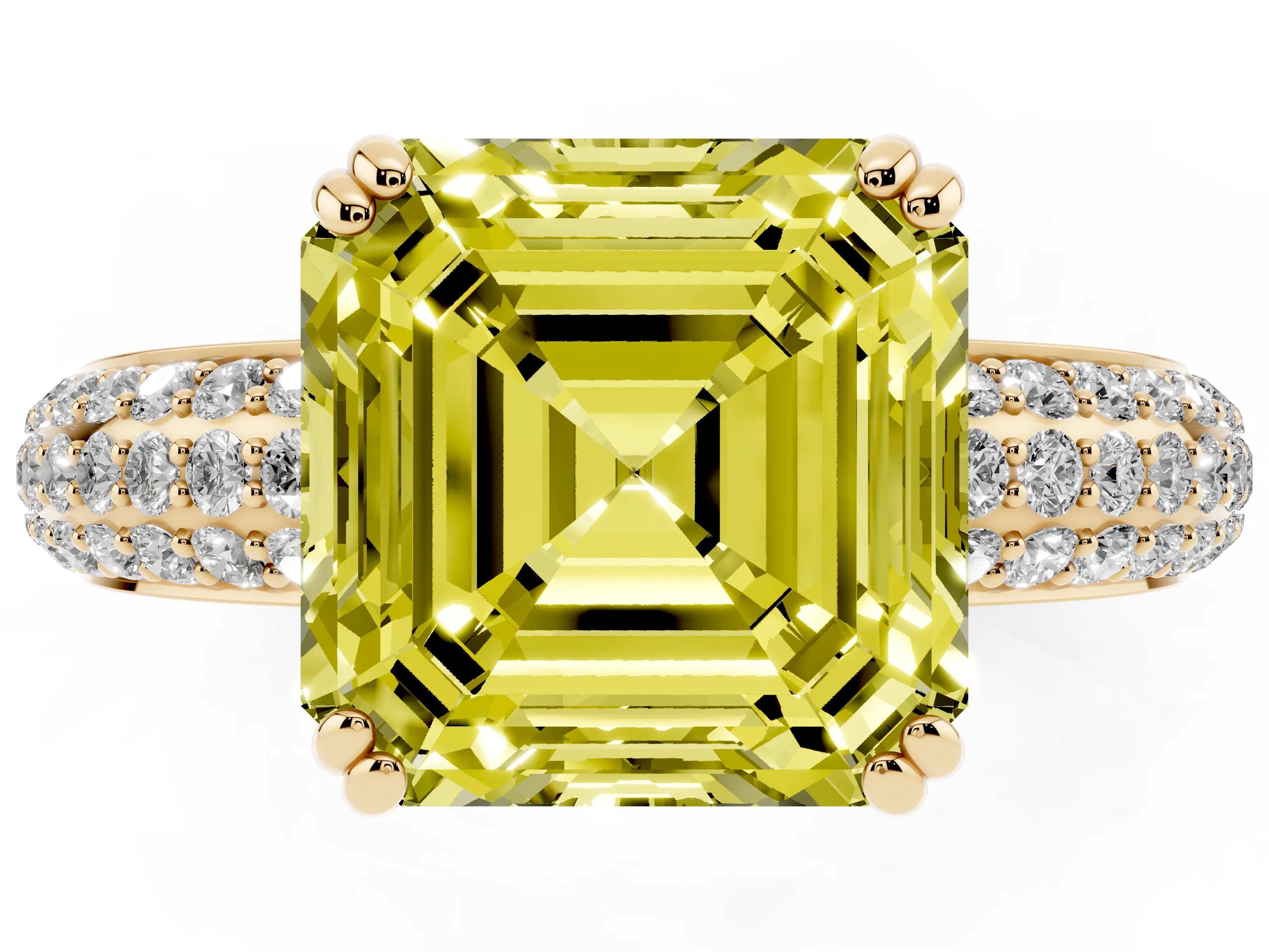 Fancy Yellow Asscher Cut Diamond Solitaire Ring Set in Yellow gold with Multi-Row Round Pavé Band and Prong Setting
