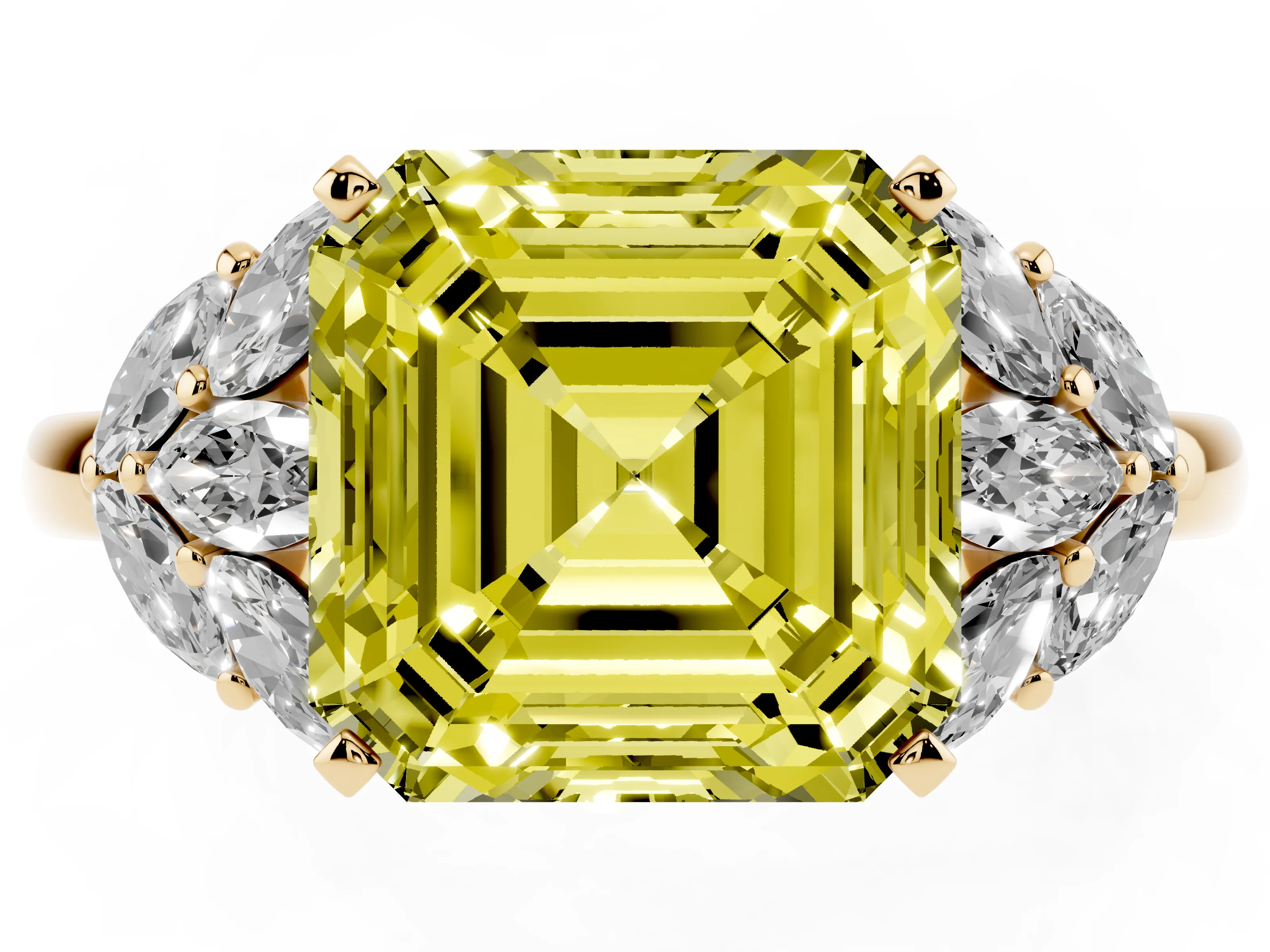 Fancy Yellow Asscher Cut Diamond Cluster Leaf Design Ring Set in Yellow gold with Prong Setting