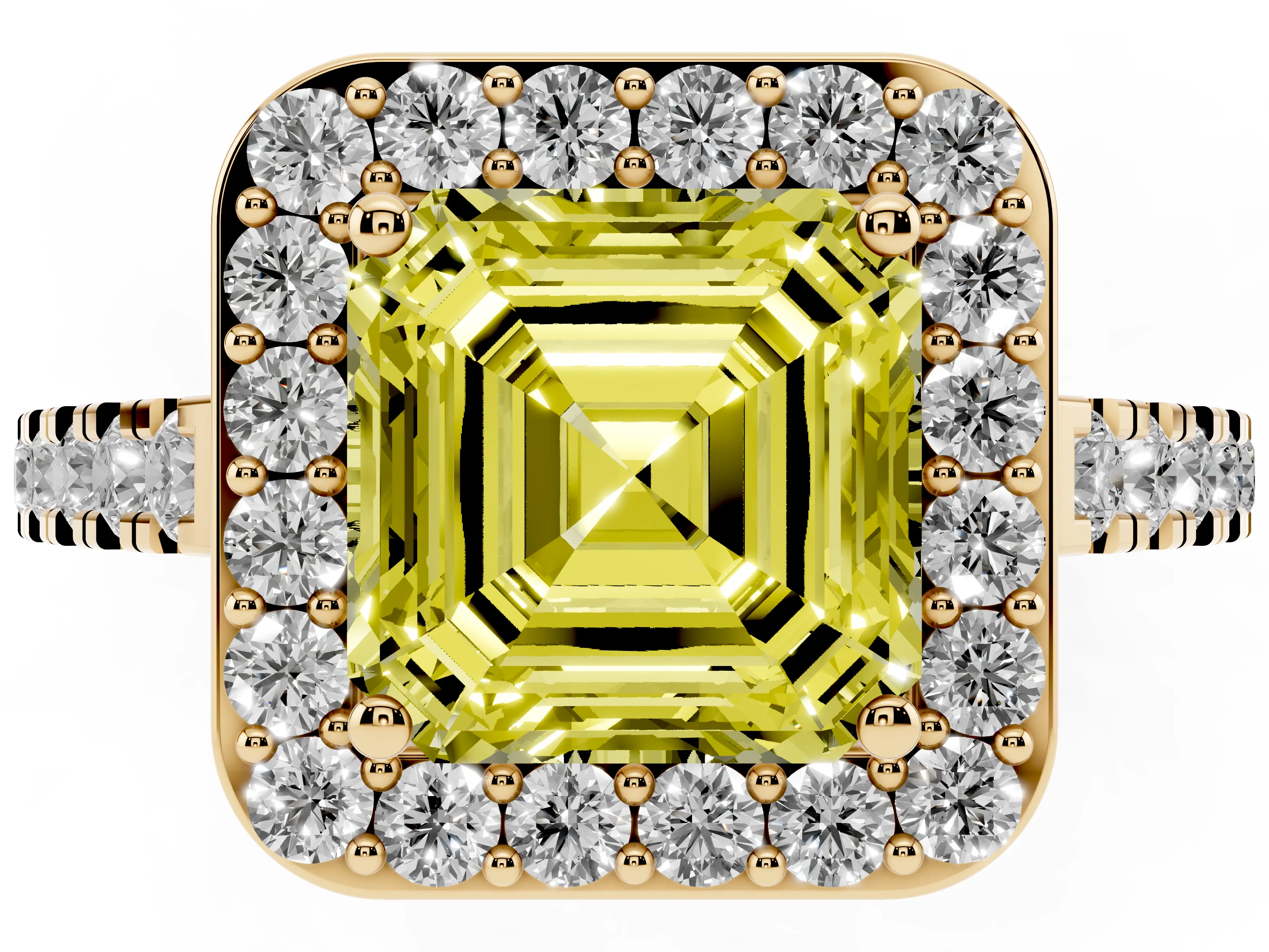 Fancy Yellow Asscher Cut Diamond Halo Ring Set in Yellow gold with Round Pavé Split Shank and Prong Setting