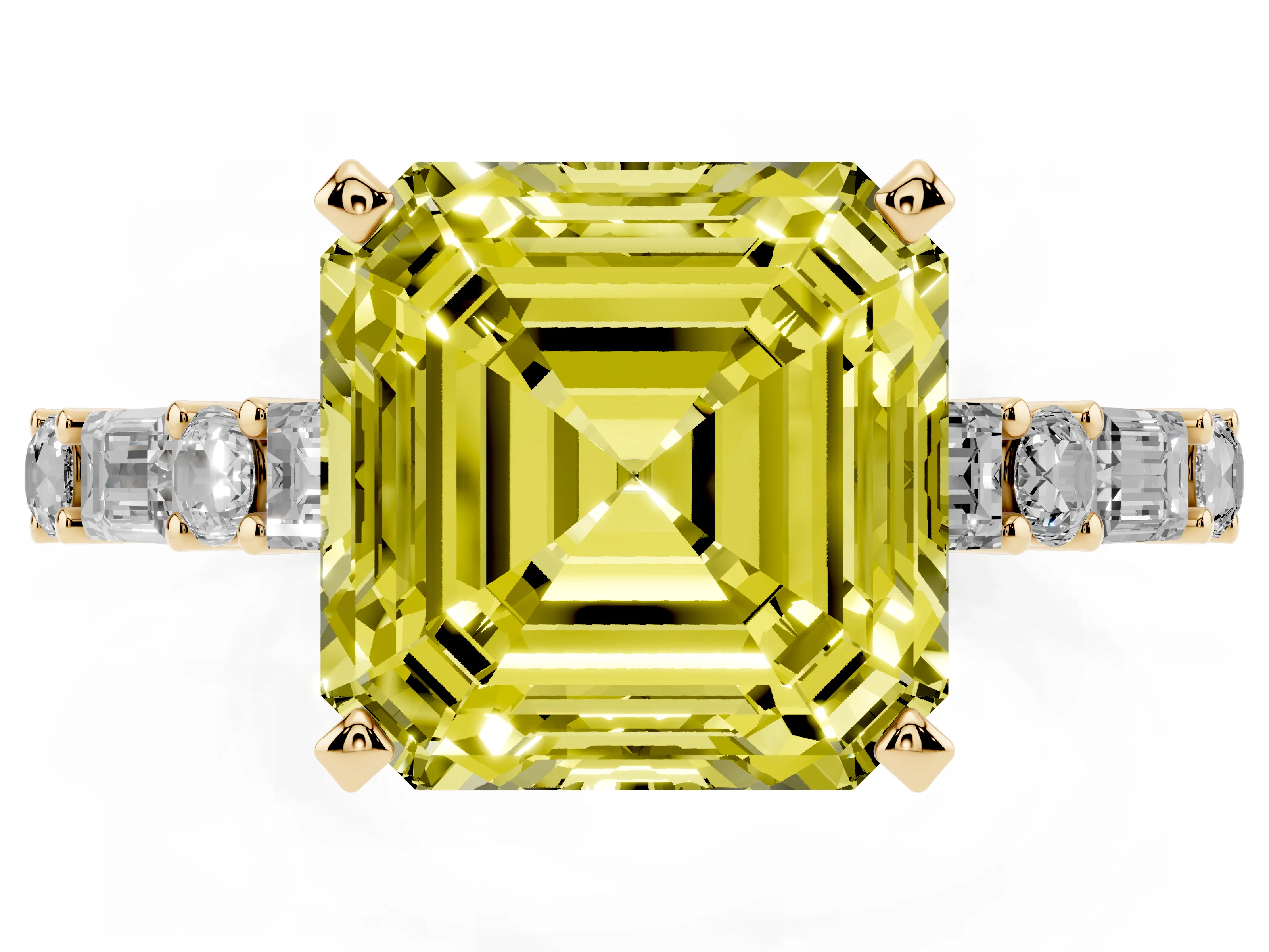 Fancy Yellow Asscher Cut Diamond Solitaire Set in Yellow gold with Side Baguettes and Channel Set Band