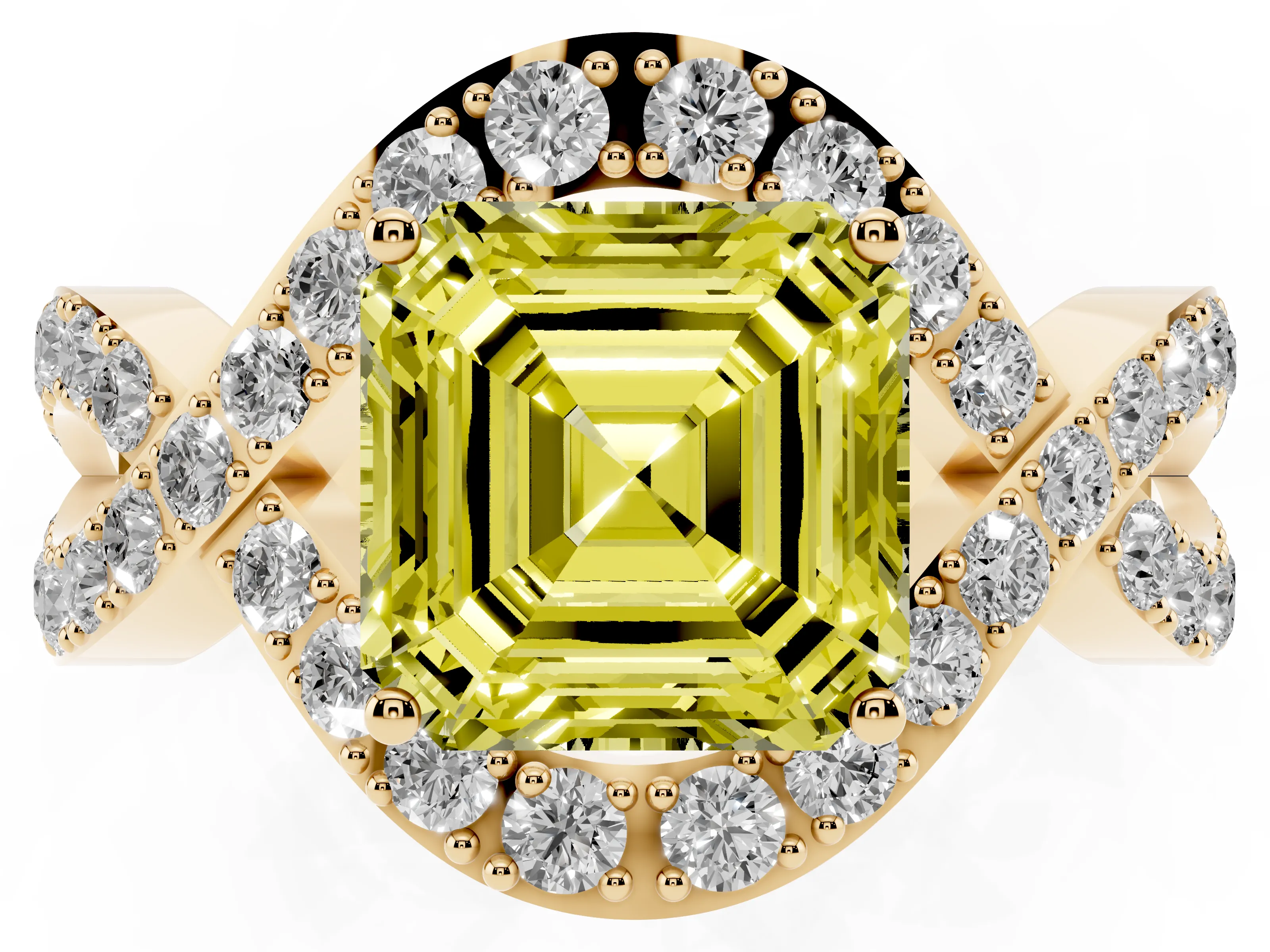 Fancy Yellow Asscher Cut Diamond Solitaire Twist Band Pavé Engagement Ring Set in Yellow gold