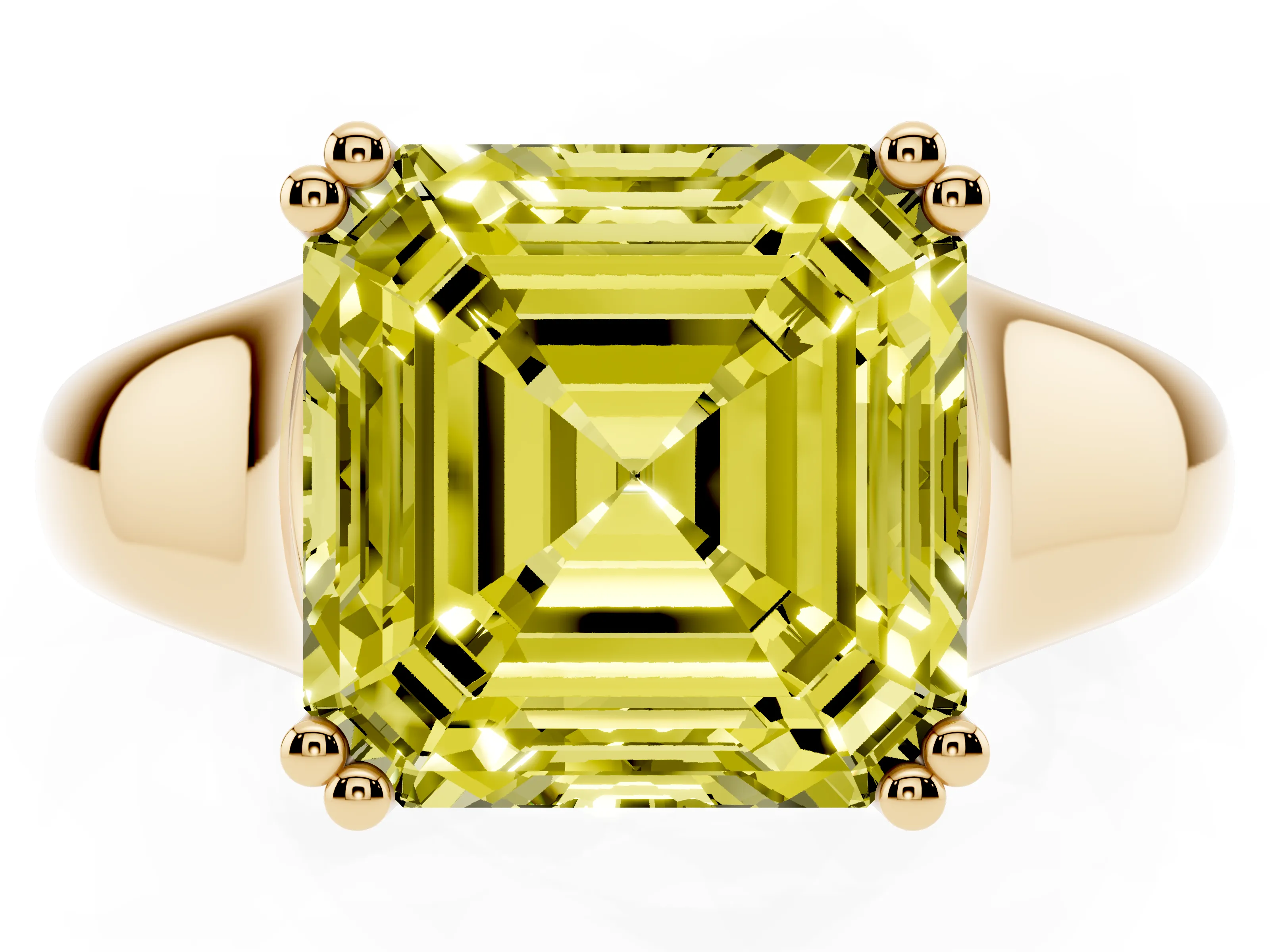 Fancy Yellow Asscher Cut Diamond Solitaire Ring Set in Yellow gold with Wide Band and Prong Setting