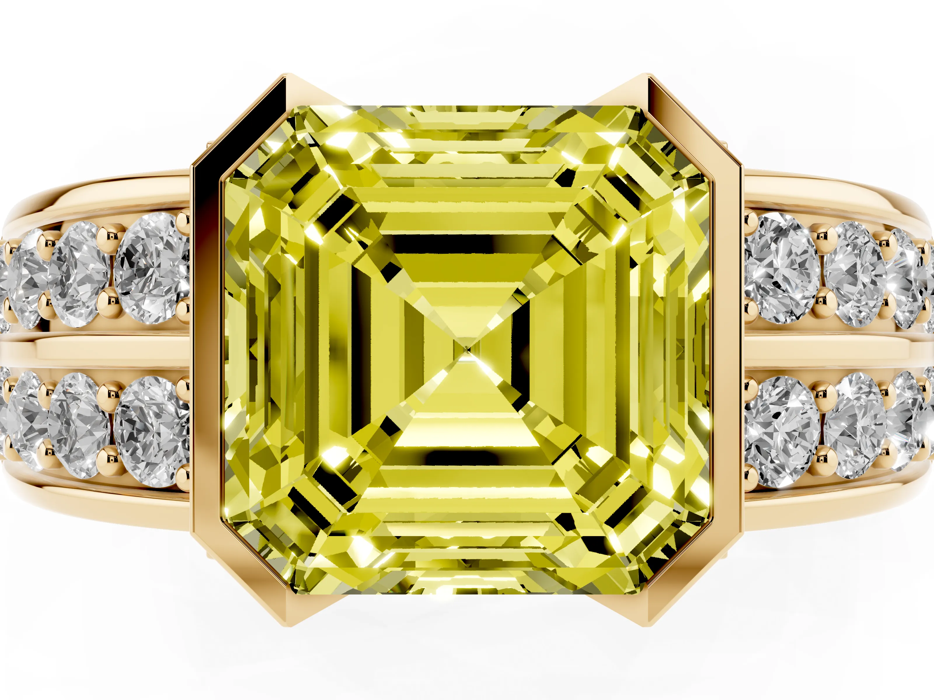 Fancy Yellow Asscher Cut Diamond Wide Channel Set Band Ring Set in Yellow gold with Bezel Setting