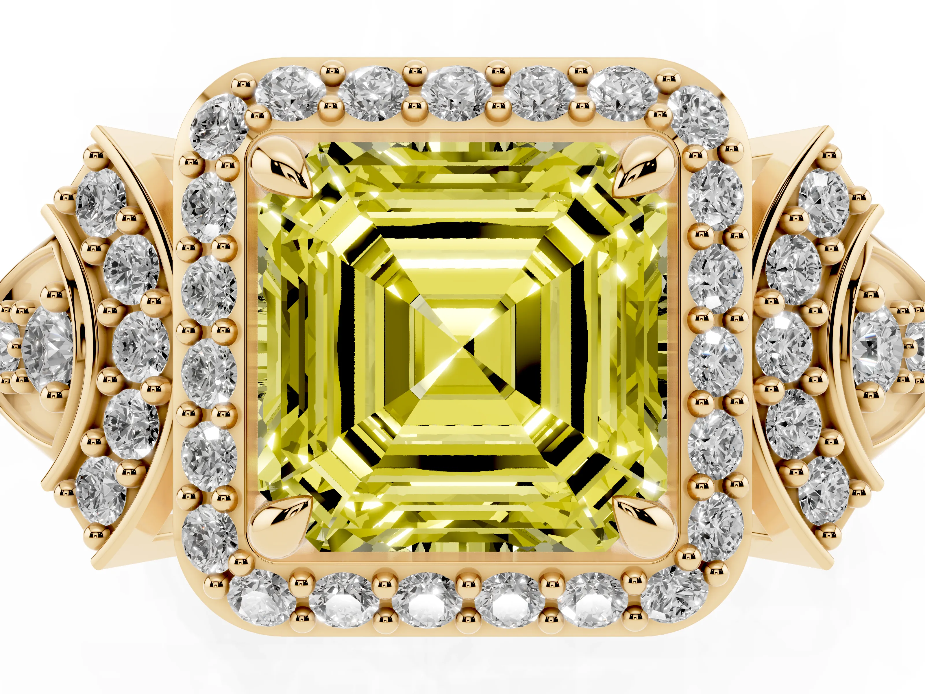 Fancy Yellow Asscher Cut Diamond Halo Engagement Ring Set in Yellow gold with Accent Stone Split Shank