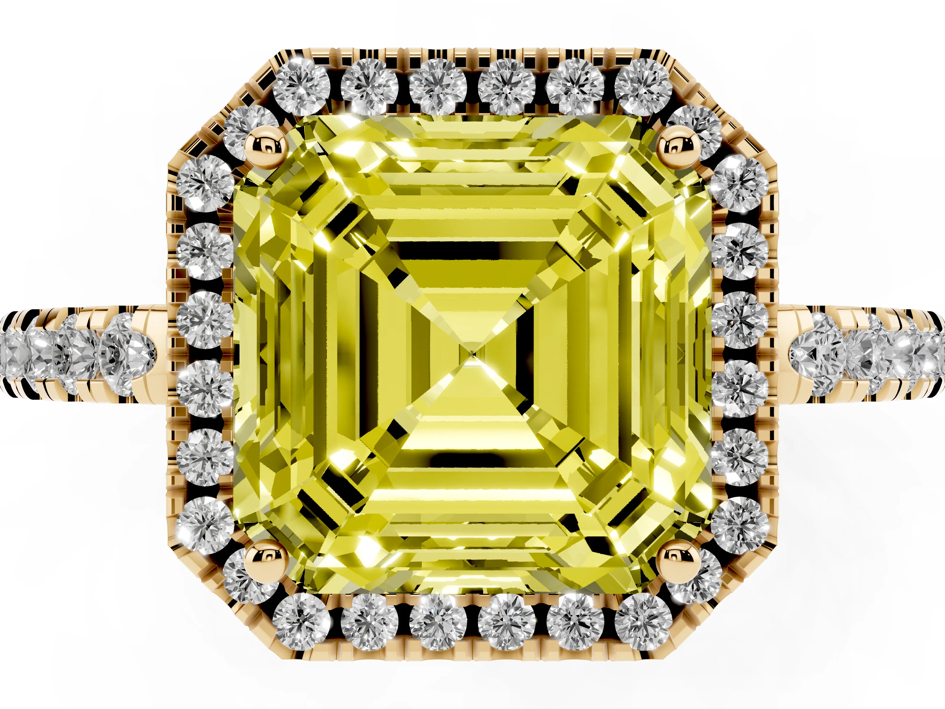 Fancy Yellow Asscher Cut Diamond Pavé Band Halo Engagement Ring Set in Yellow gold with Prong Setting