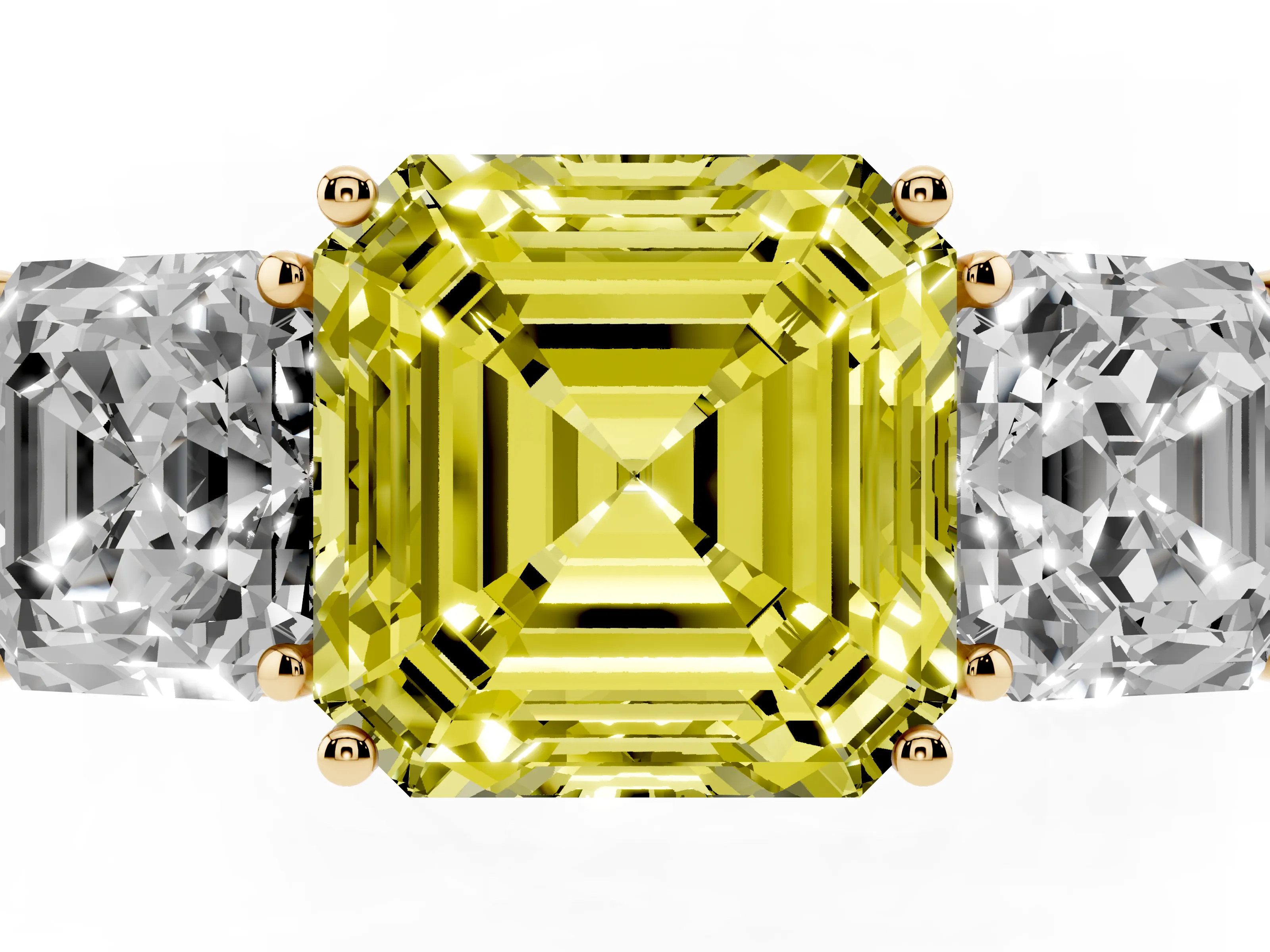 Fancy Yellow Asscher Cut Diamond Three-Stone Ring Set in Yellow gold with Textured Band