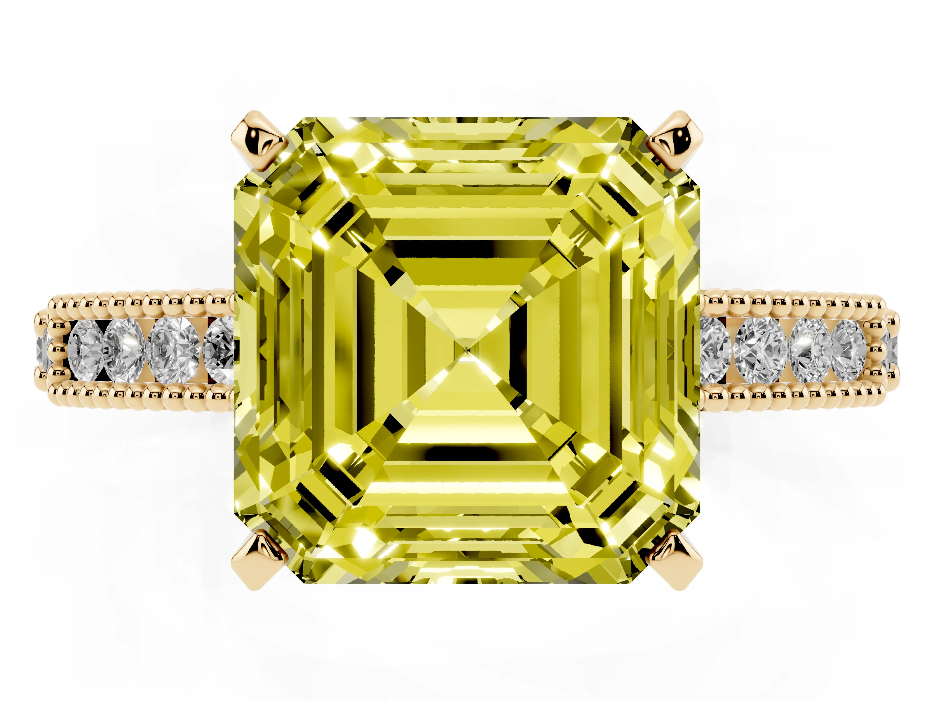 Fancy Yellow Asscher Cut Diamond Solitaire Ring Set in Yellow gold with Slim Pavé Band and Prong Setting
