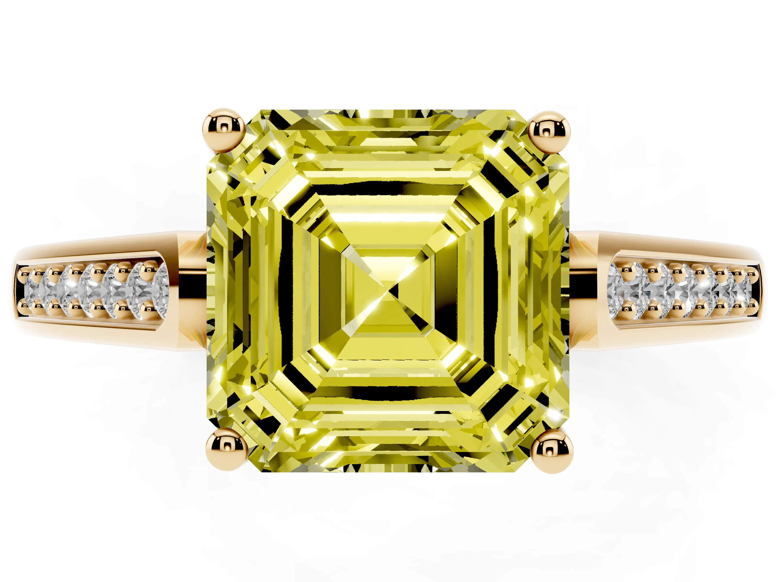 Fancy Yellow Asscher Cut Diamond Solitaire Cathedral Engagement Ring Set in Yellow gold with Channel-Set Band and Prong Setting