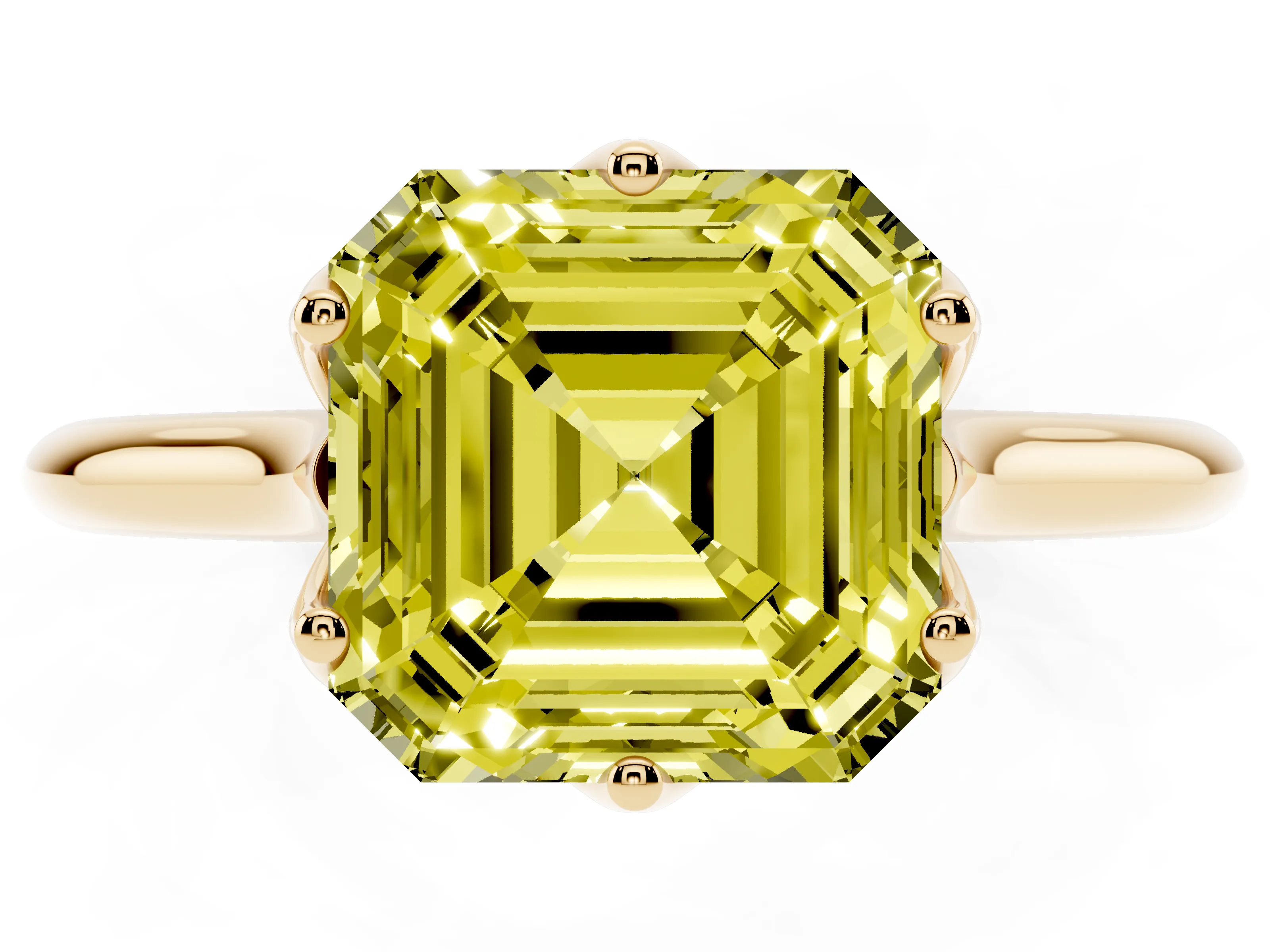 Fancy Yellow Asscher Cut Diamond Solitaire Cathedral Ring Set in Yellow gold with Prong Setting