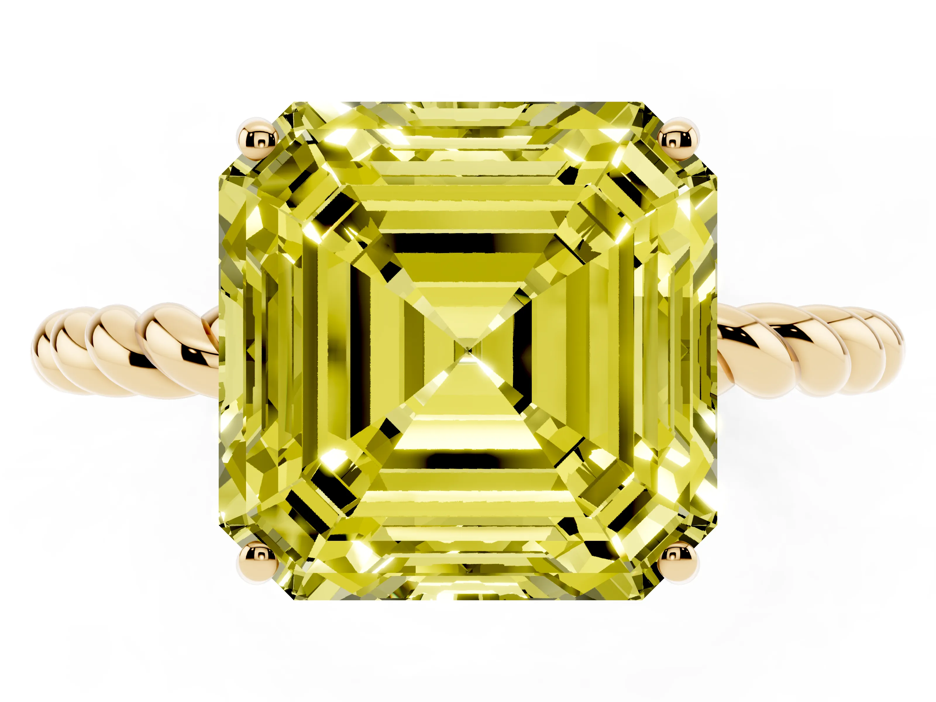 Fancy Yellow Asscher Cut Diamond Solitaire Ring Set in Yellow gold with Twist Band and Prong Setting