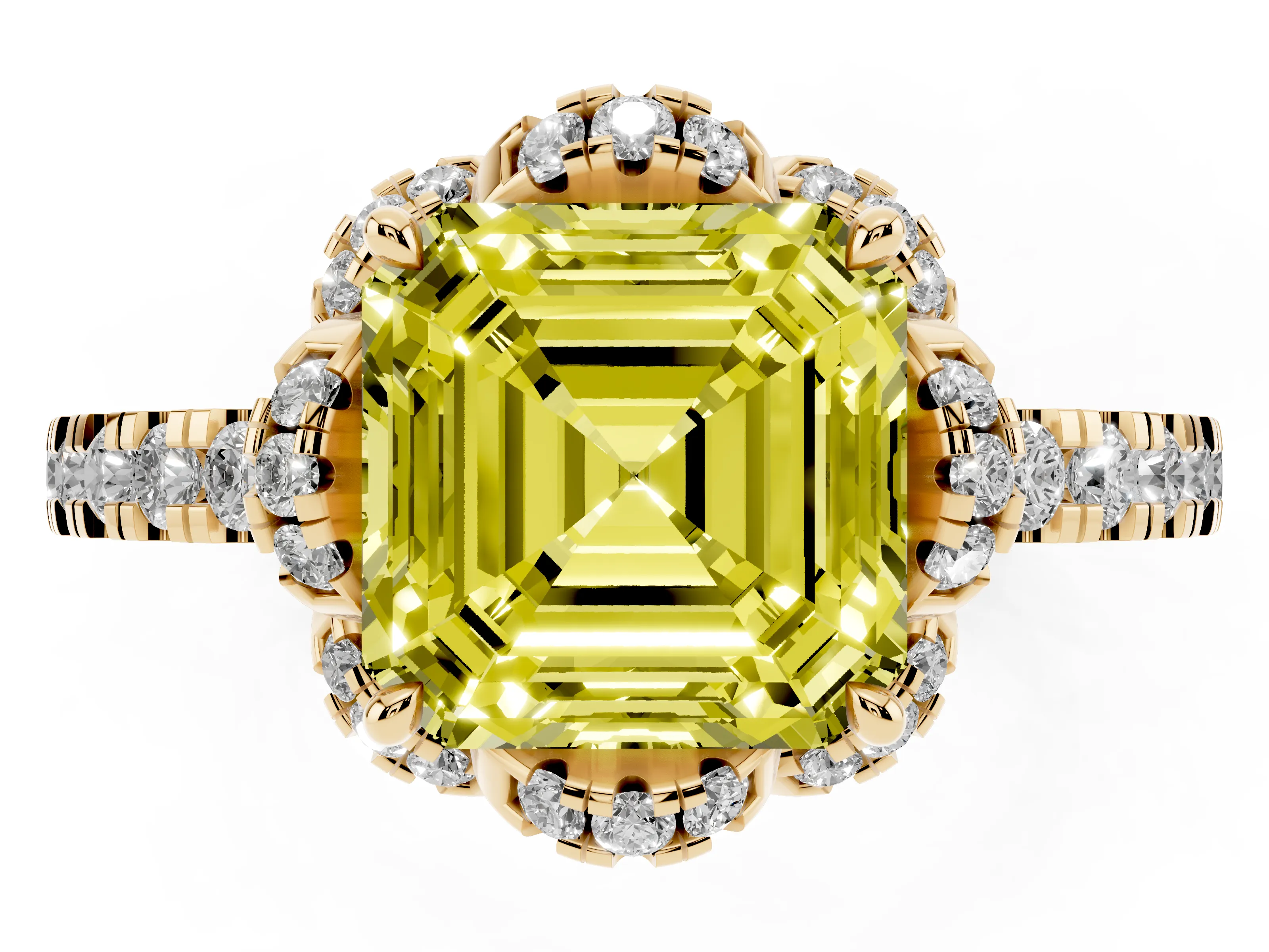 Fancy Yellow Asscher Cut Diamond Halo Pavé Band Ring Set in Yellow gold with Prong-Held Center