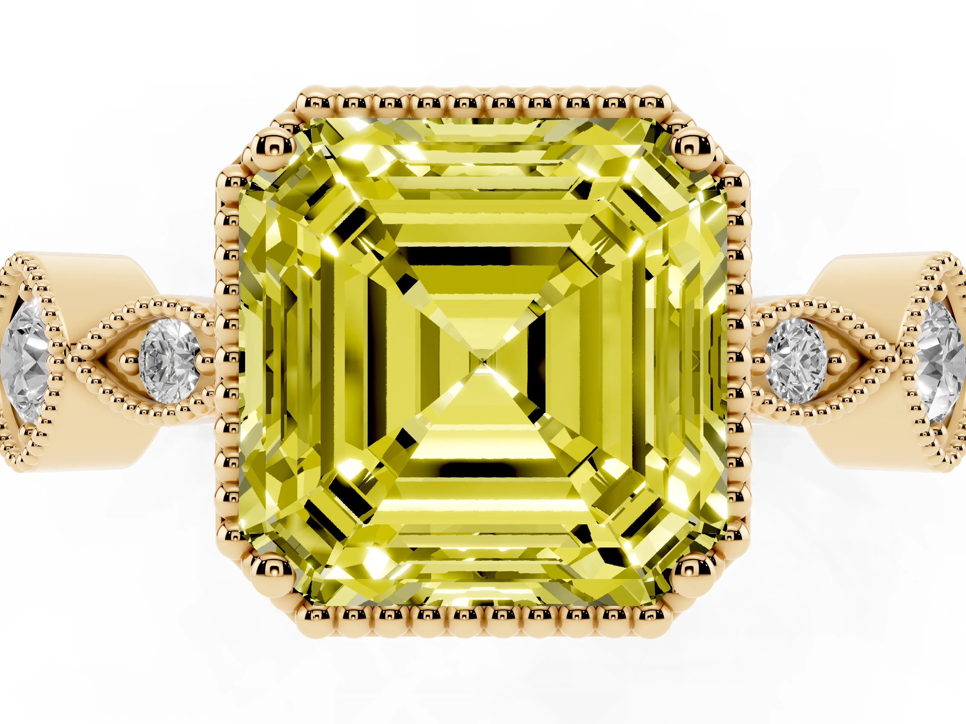 Fancy Yellow Asscher Cut Diamond Vintage-Inspired Milgrain Ring Set in Yellow gold with Marquise Stations of Round Accents