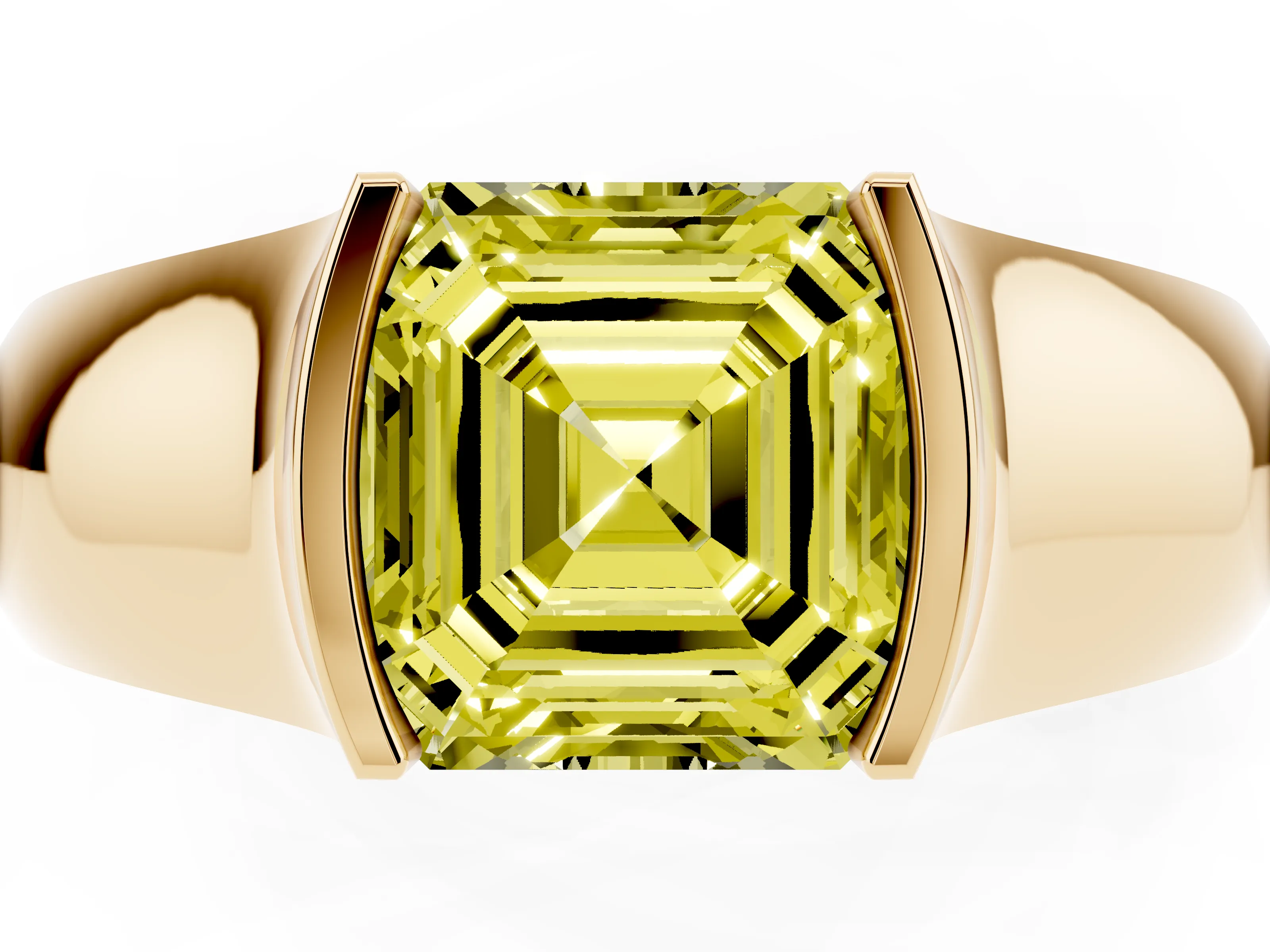 Fancy Yellow Asscher Cut Diamond Bezel Solitaire Ring Set in Yellow gold with Wide Band