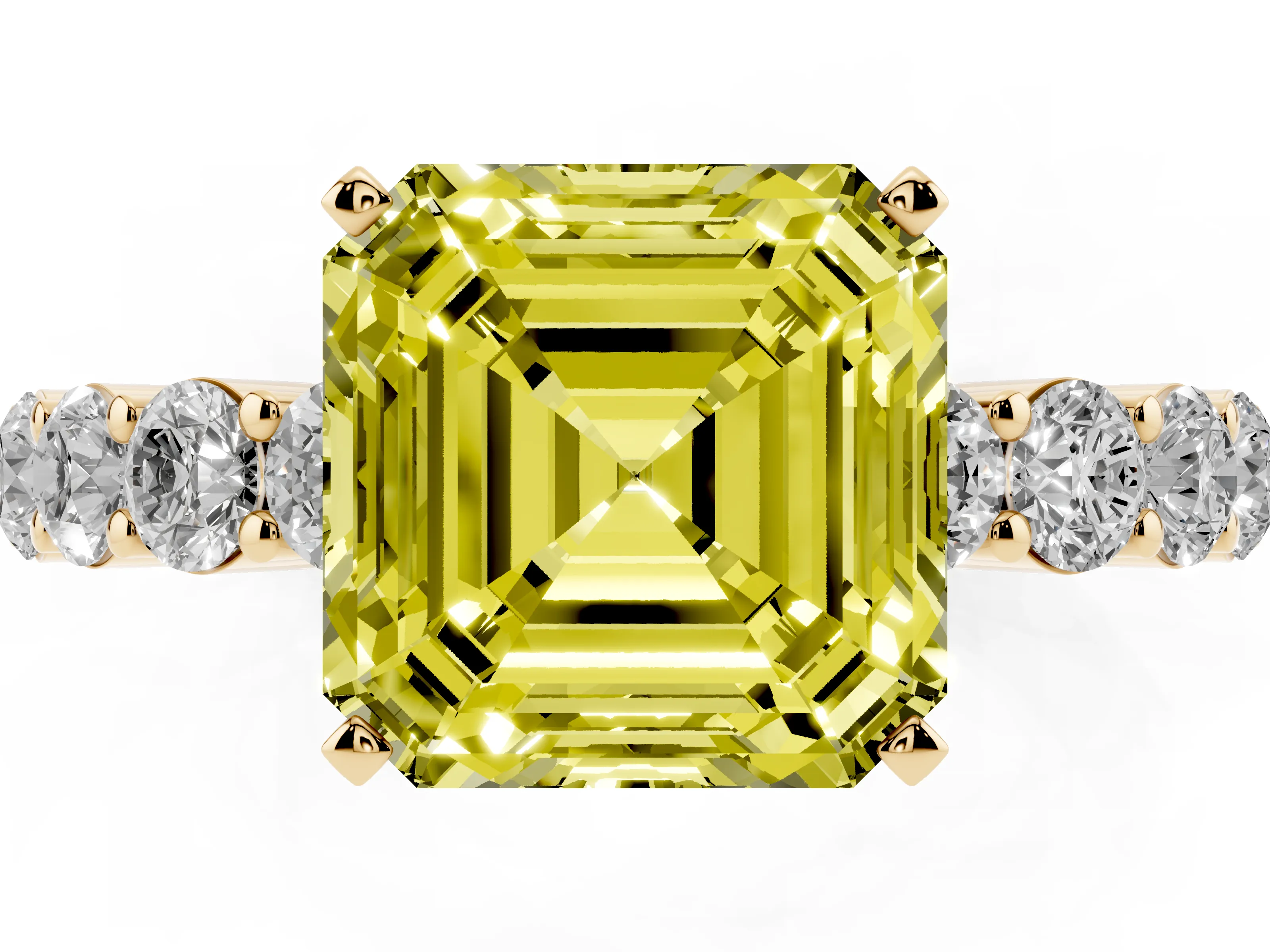 Fancy Yellow Asscher Cut Diamond Solitaire Ring Set in Yellow gold with Shared Prong Round Side Stones