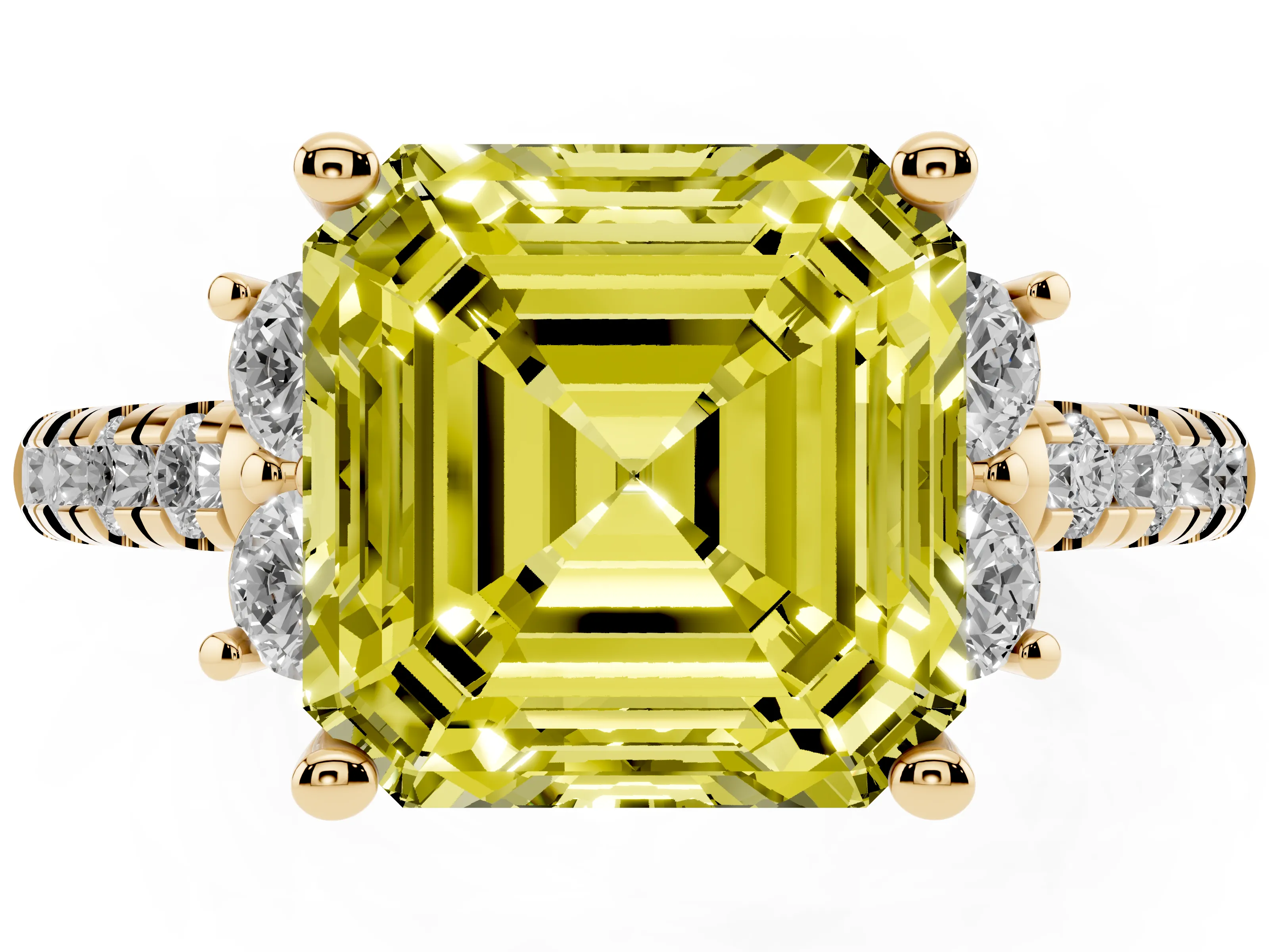 Fancy Yellow Asscher Cut Diamond Three-Stone Pavé Ring Set in Yellow gold with Prong Setting