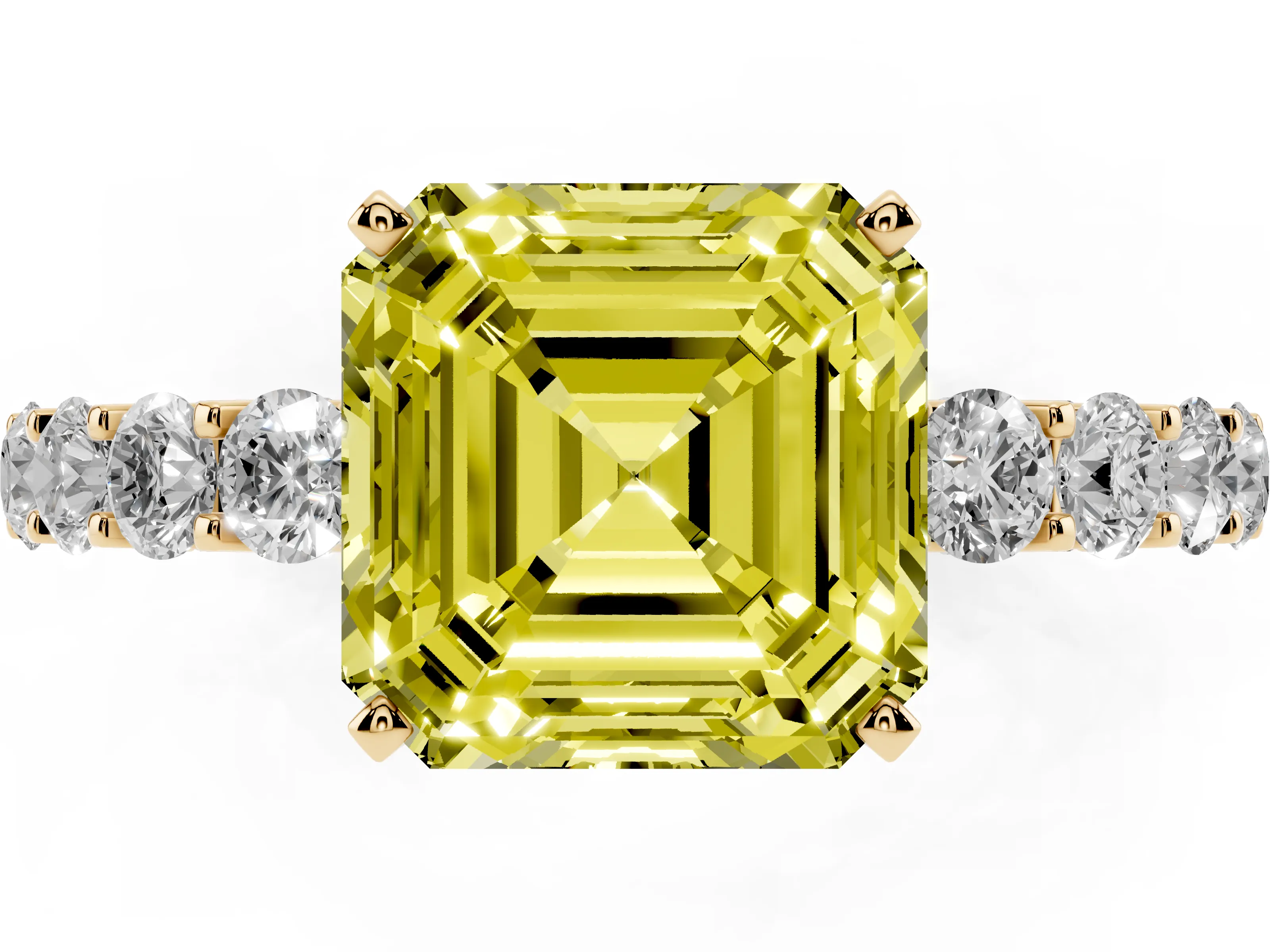 Fancy Yellow Asscher Cut Diamond Solitaire Ring Set in Yellow gold with Shared Prong Pavé Band