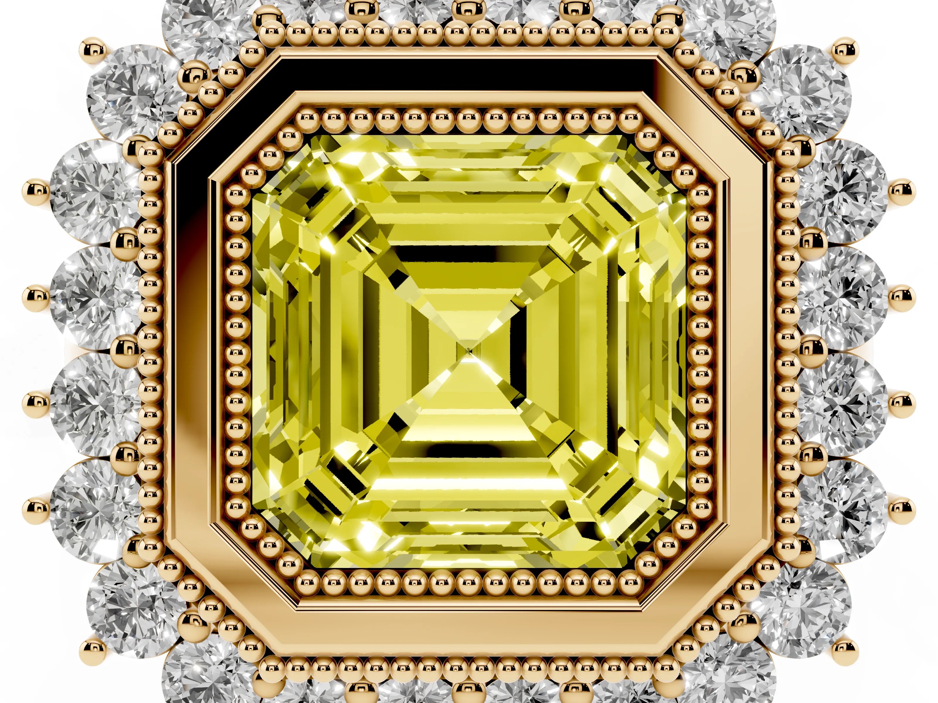 Fancy Yellow Asscher Cut Diamond Halo Ring Set in Yellow gold with Milgrain Edge and Round Prong Setting