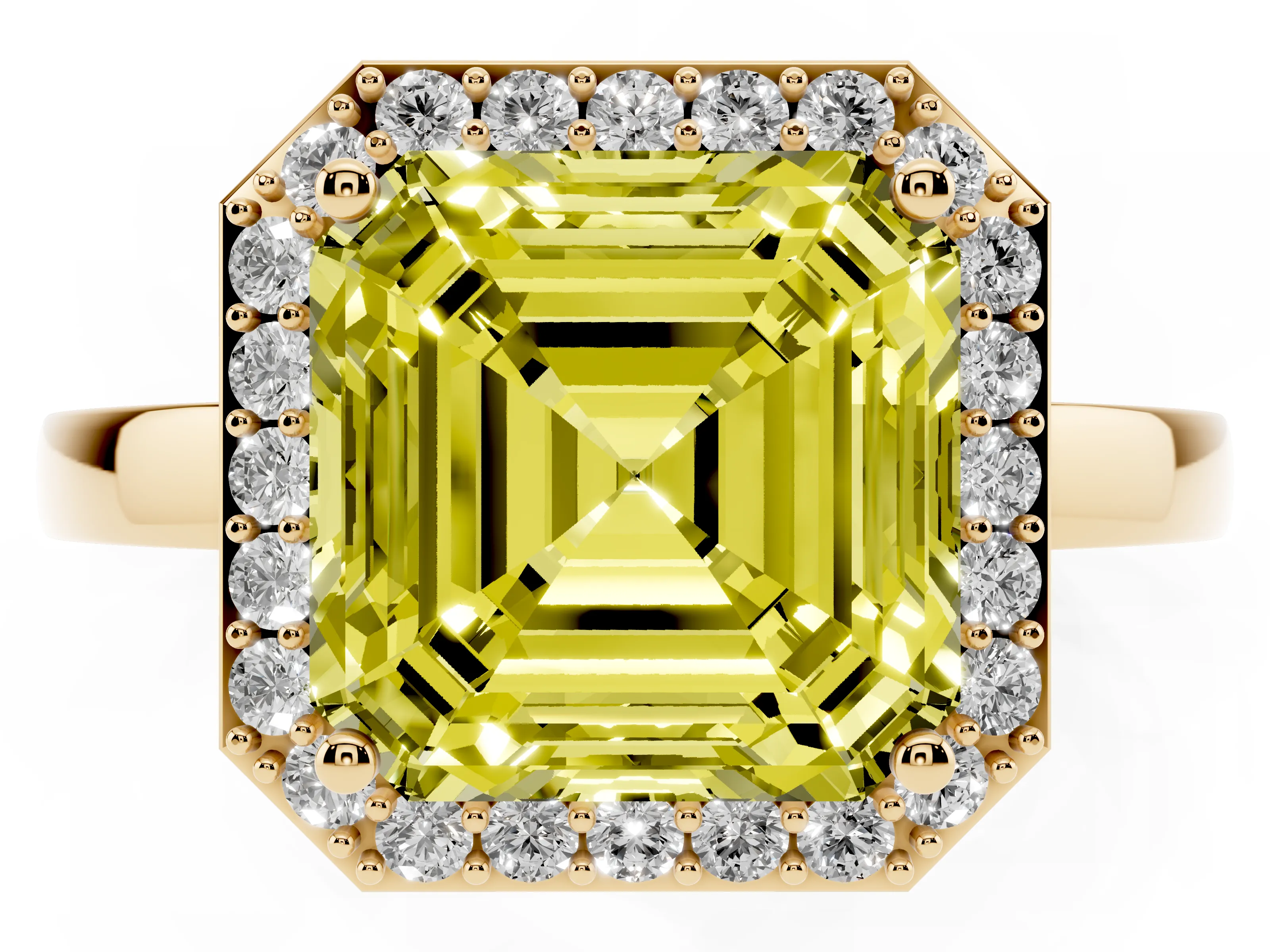 Fancy Yellow Asscher Cut Diamond Halo Ring Set in Yellow gold with Solitaire Band and Prong Setting