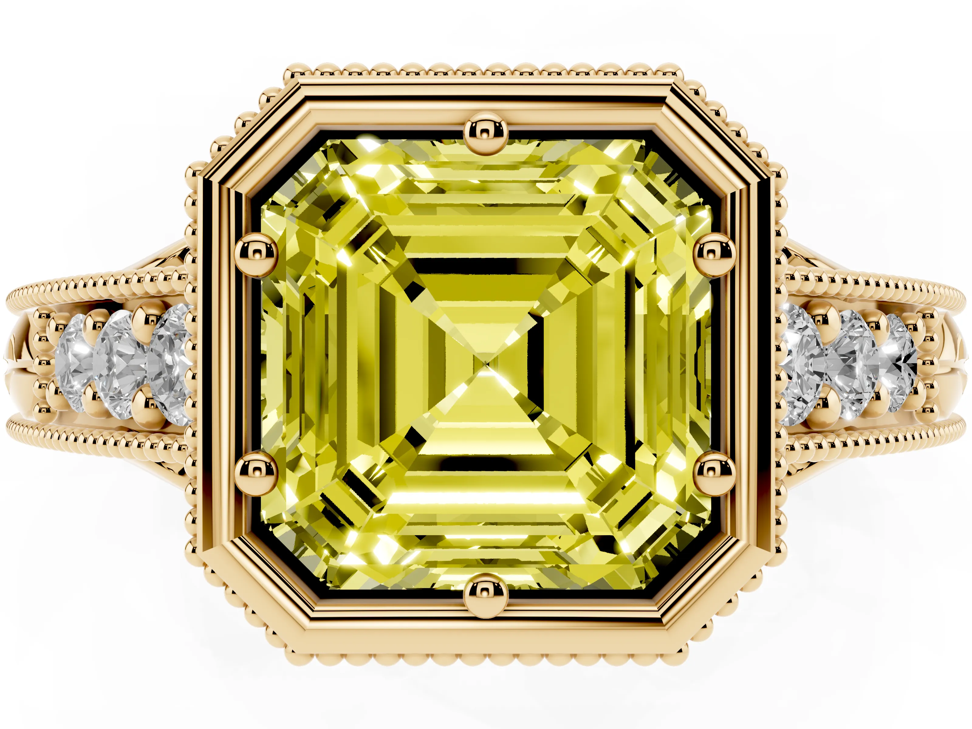 Fancy Yellow Bezel Set Asscher Cut Diamond Milgrain Pavé Engagement Ring Set in Yellow gold
