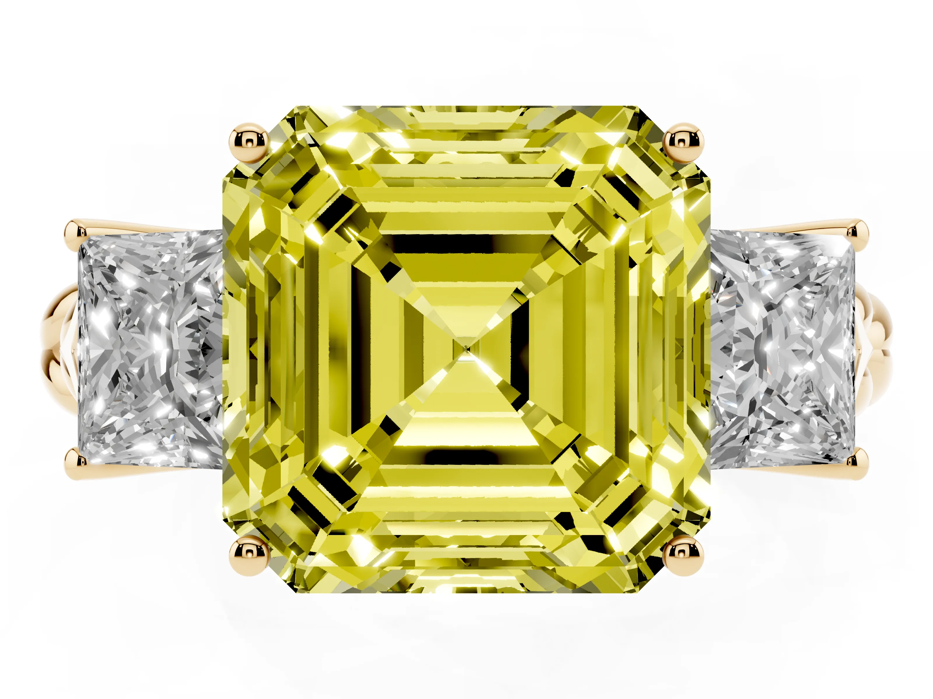 Fancy Yellow Asscher Cut Diamond Three-Stone Ring Set in Yellow gold with Braided Band