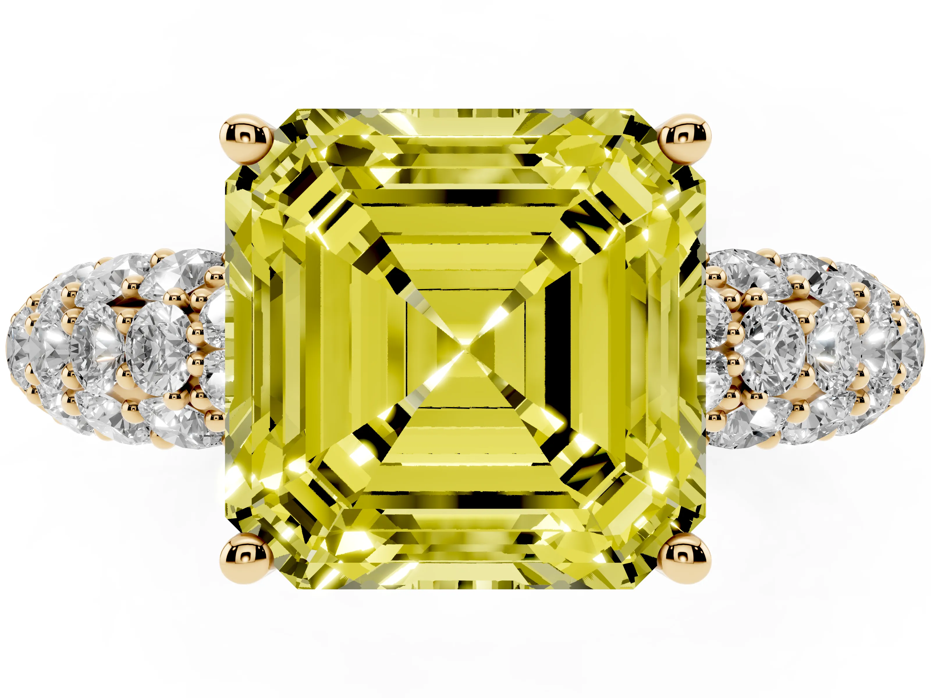 Fancy Yellow Asscher Cut Diamond Pavé Band Solitaire Ring Set in Yellow gold with Close-Set Accent Stones and Prong Setting