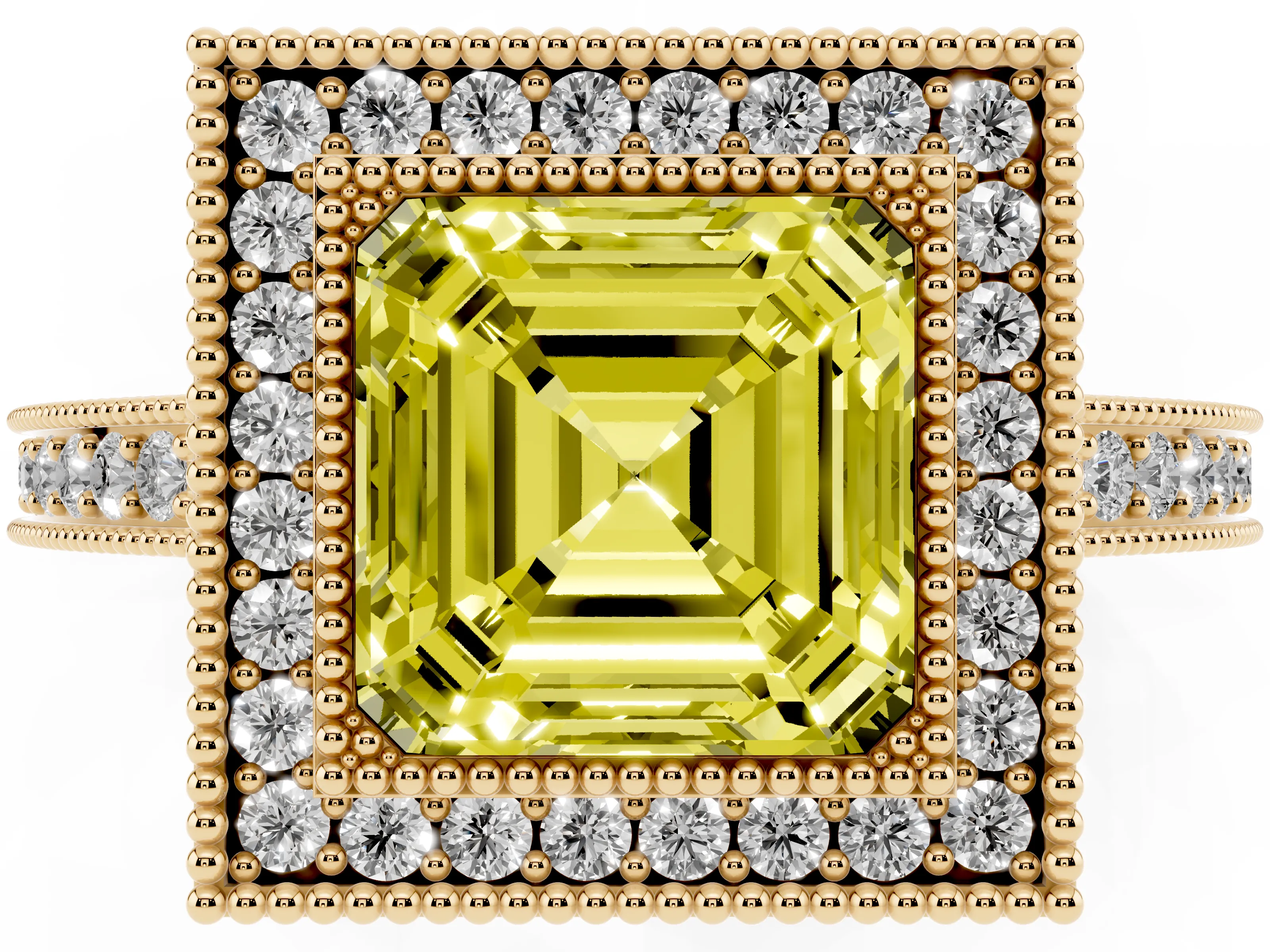 Fancy Yellow Asscher Cut Diamond Round Halo Ring Set in Yellow gold with Pavé Band