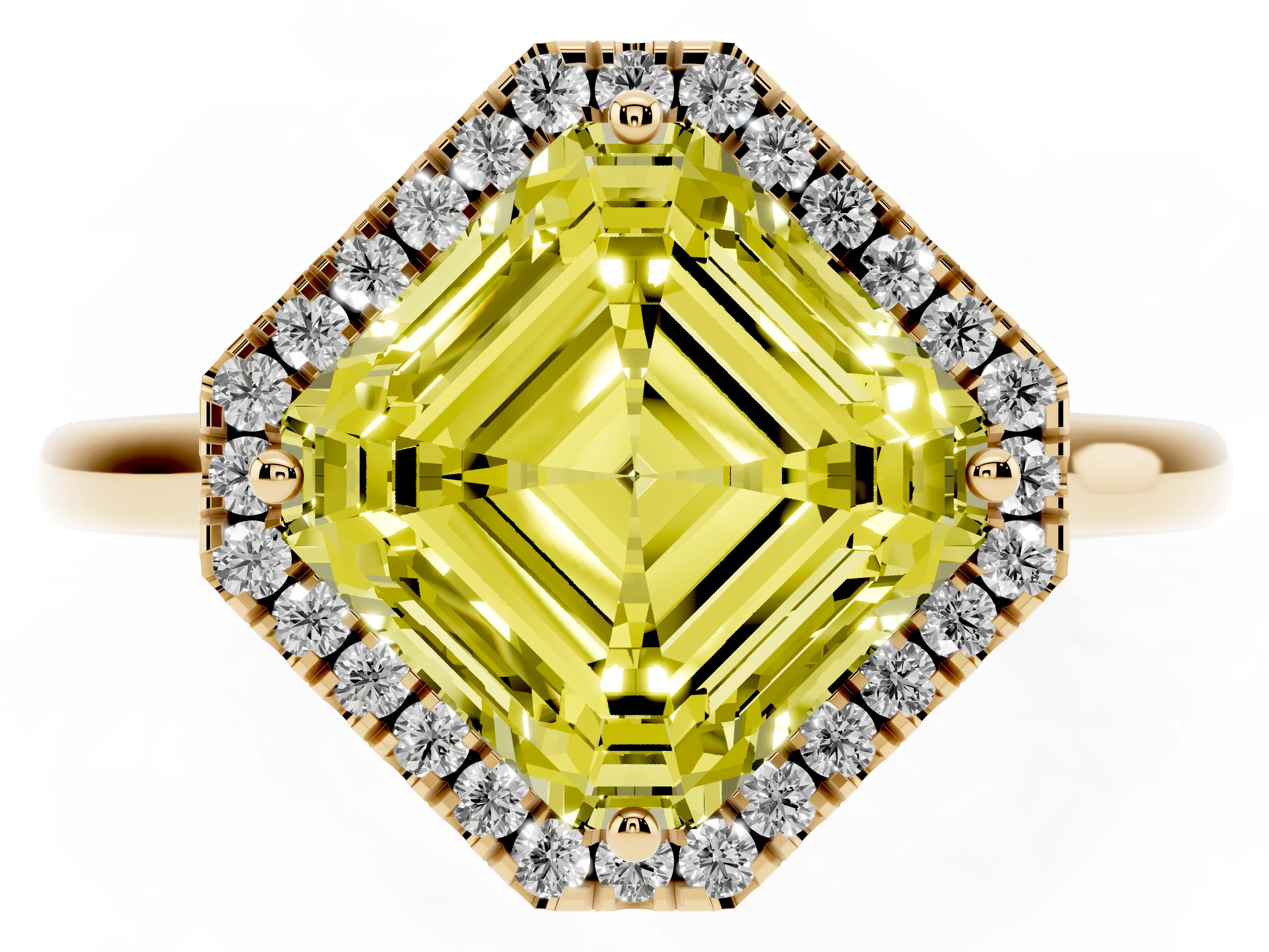 Fancy Yellow Asscher Cut Diamond Halo Engagement Ring Set in Yellow gold with Pavé Band and Rising Shoulders