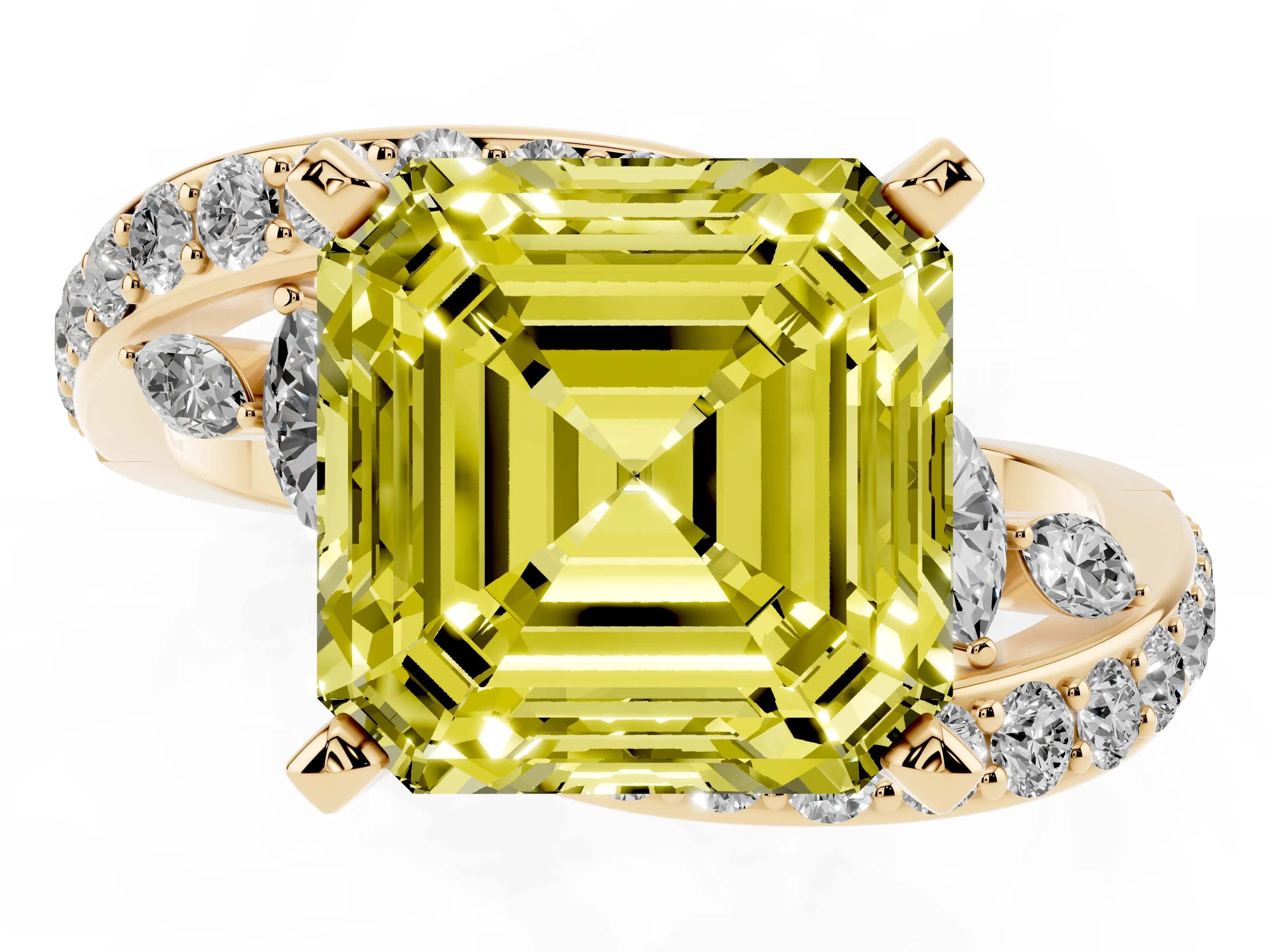 Fancy Yellow Asscher Cut Diamond Solitaire Ring Set in Yellow gold with Pavé Twist Band and Secure Prong Setting