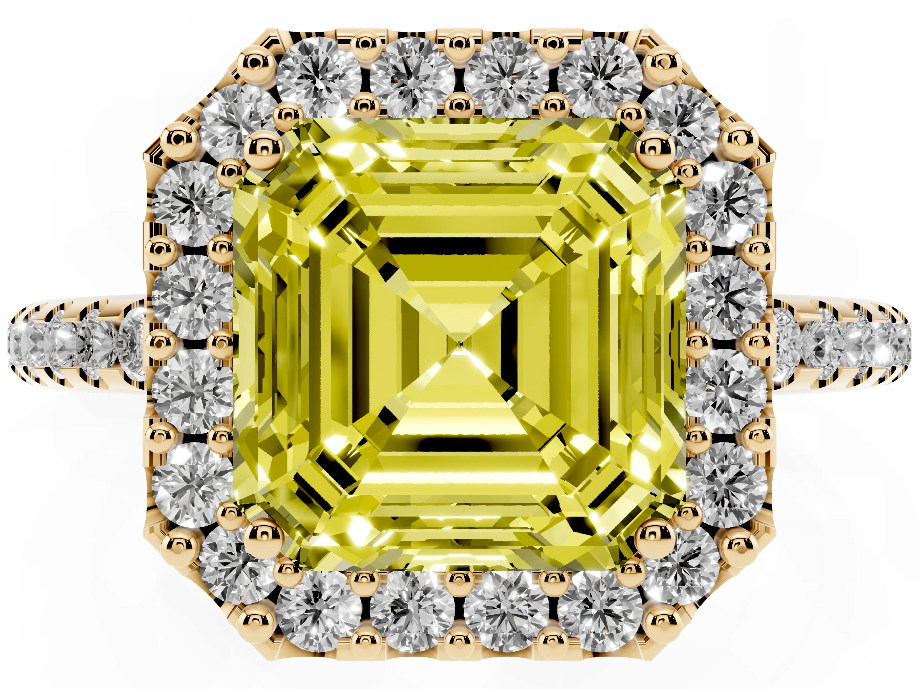 Fancy Yellow Asscher Cut Diamond Pavé Halo Ring Set in Yellow gold with Prong Setting