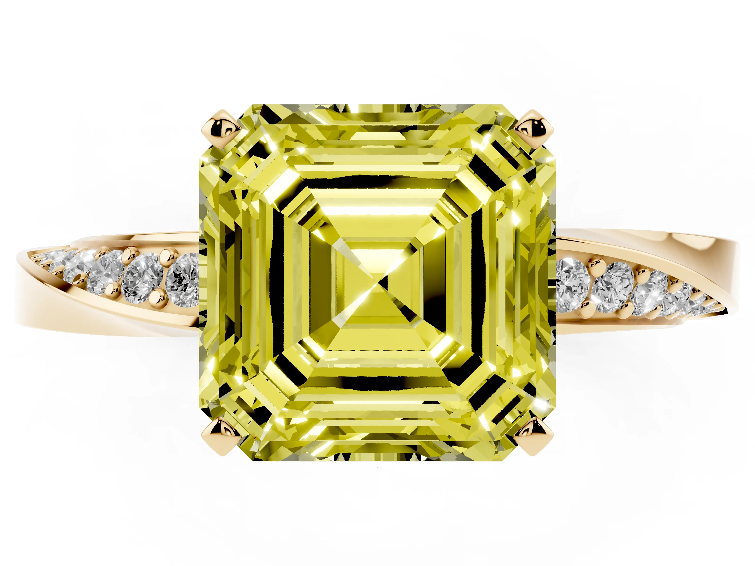 Fancy Yellow Asscher Cut Diamond Engagement Ring Set in Yellow gold with Side Stone Accents and Prong Setting