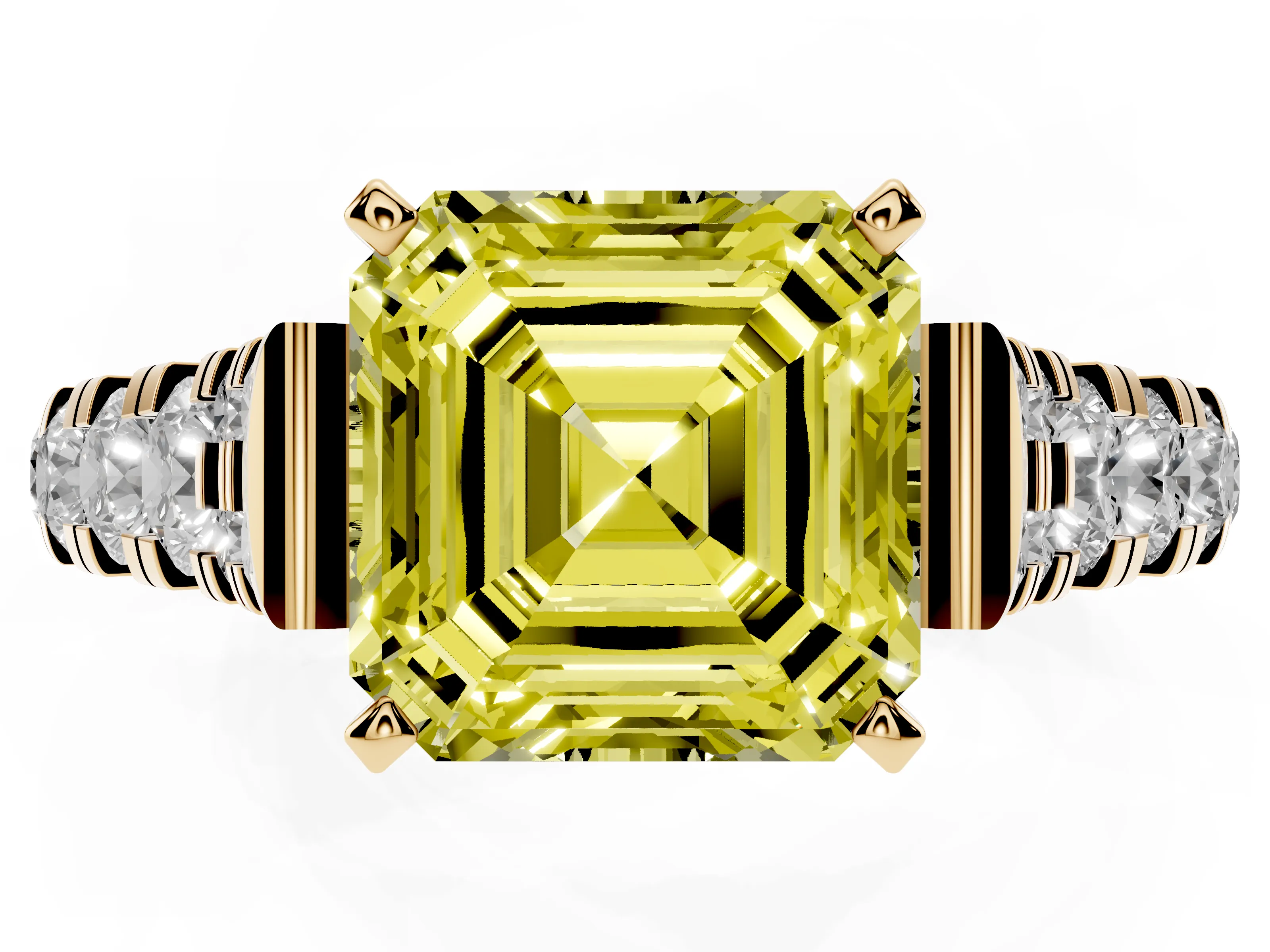 Fancy Yellow Asscher Cut Diamond Classic Solitaire Ring Set in Yellow gold with Pavé Band and Prong Setting