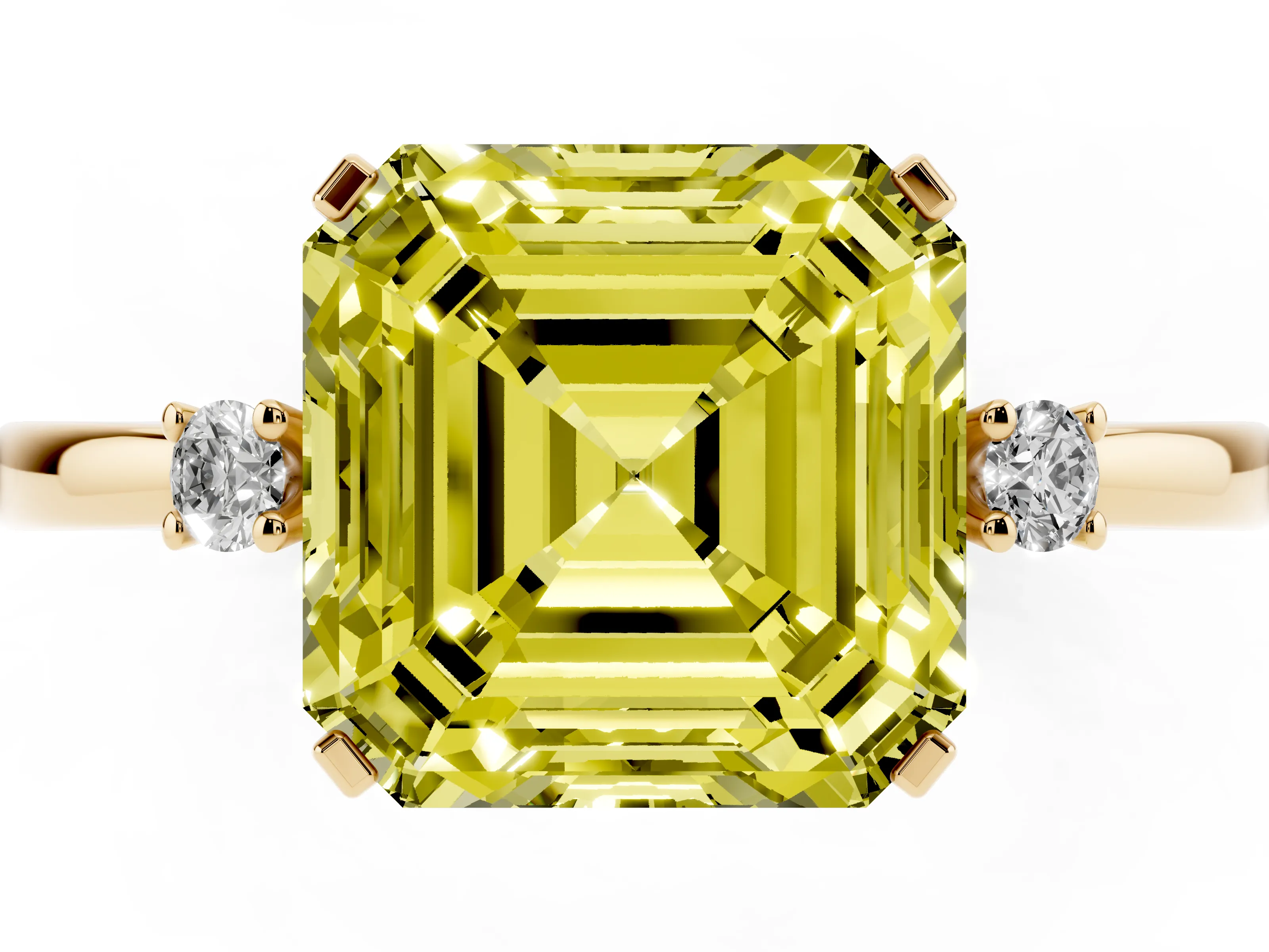 Fancy Yellow Three-Stone Asscher Cut Diamond Solitaire Ring Set in Yellow gold with Round Accent Stones and Prong Setting
