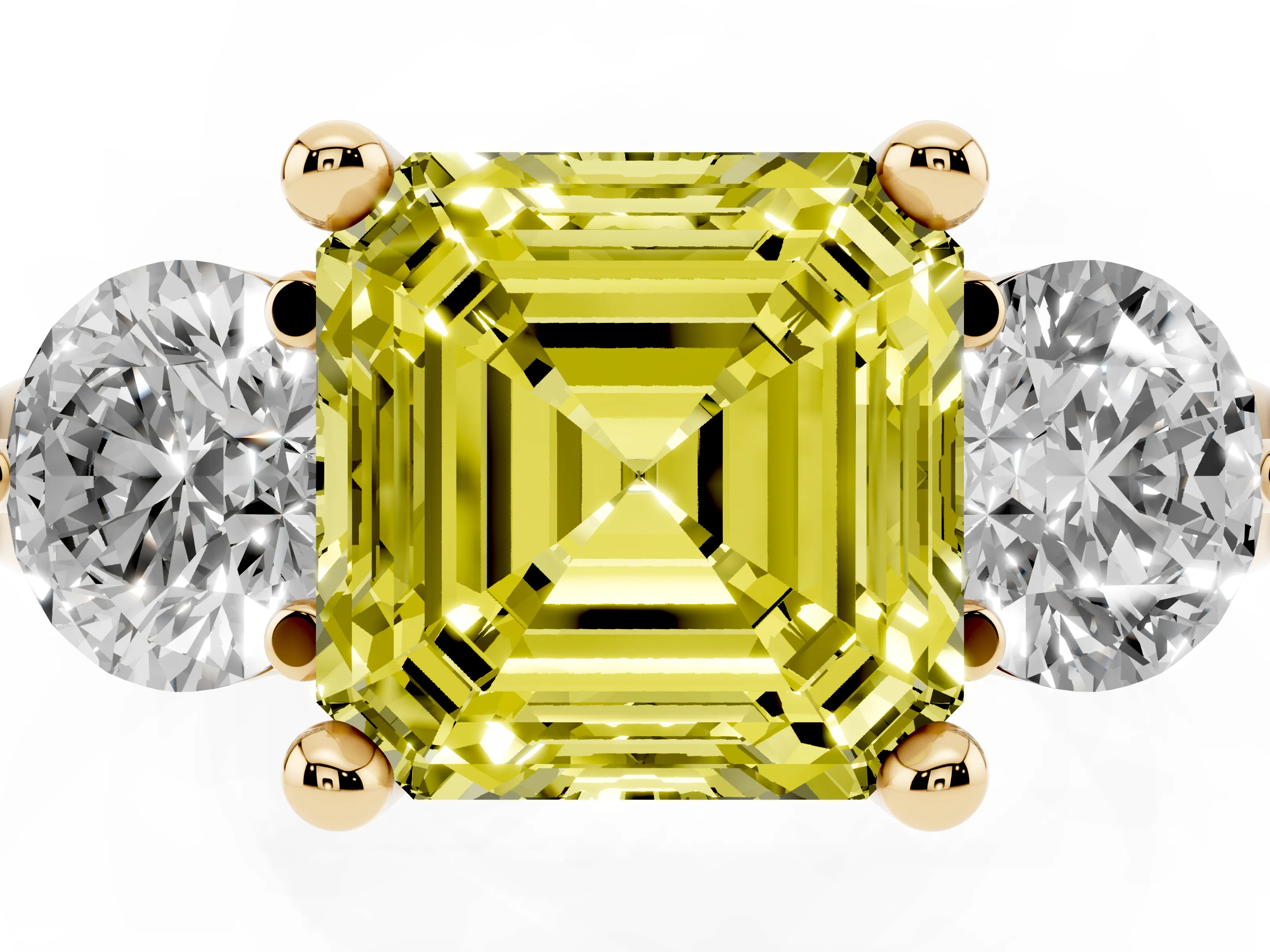 Fancy Yellow Asscher Cut Diamond Three-Stone Ring Set in Yellow gold with Prong Setting and Classic Band