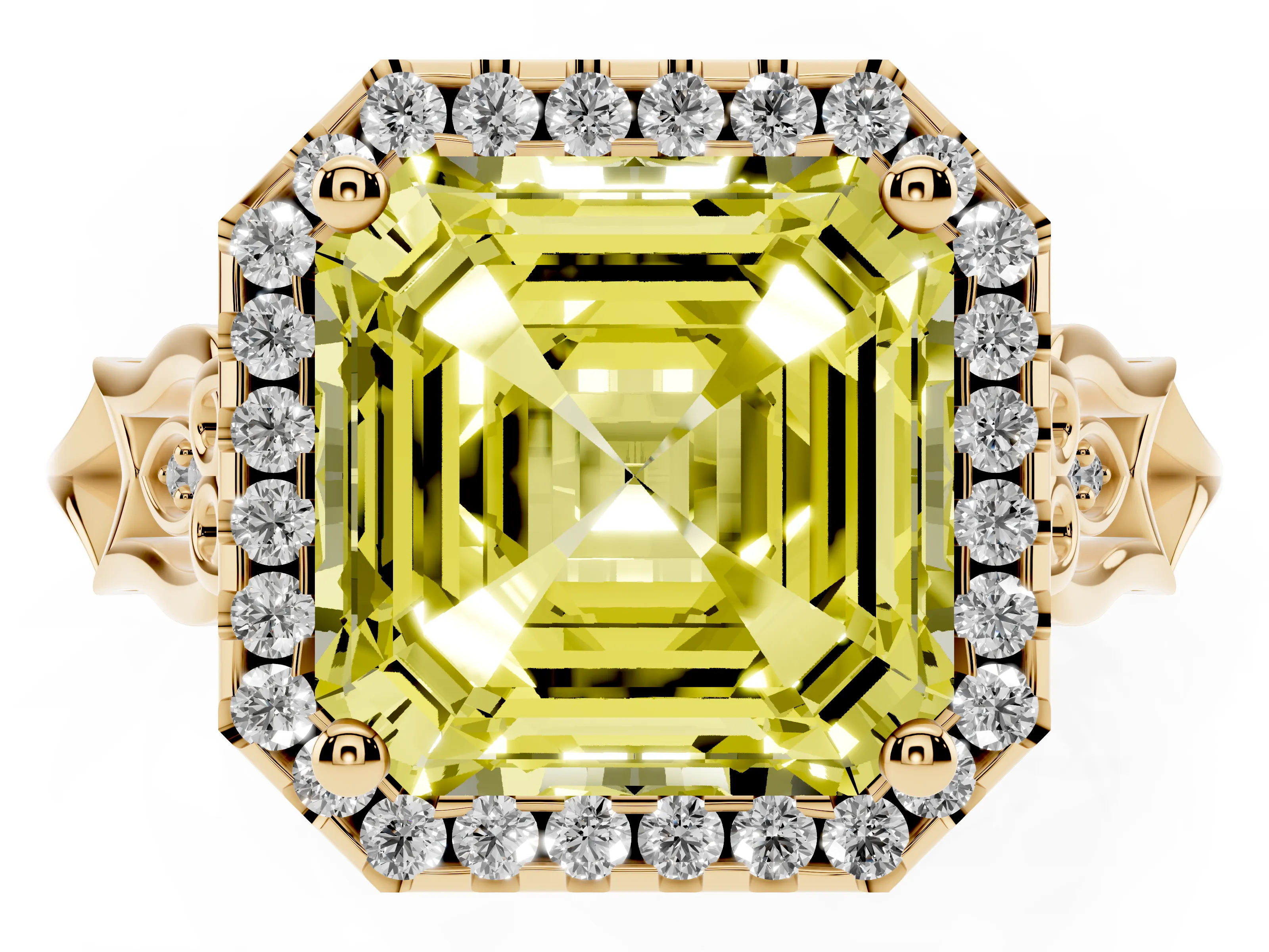 Fancy Yellow Asscher Cut Diamond Halo Engagement Ring Set in Yellow gold with Filigree Band and Prong-Set Center