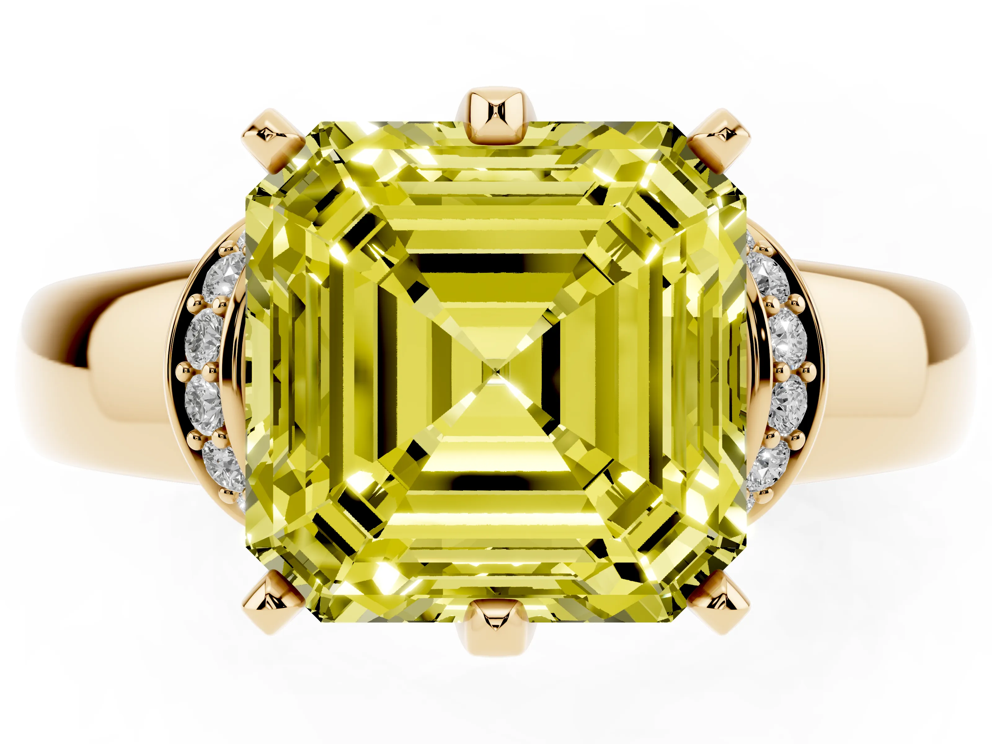 Fancy Yellow Asscher Cut Diamond Pavé Band Solitaire Ring Set in Yellow gold with Prong Setting