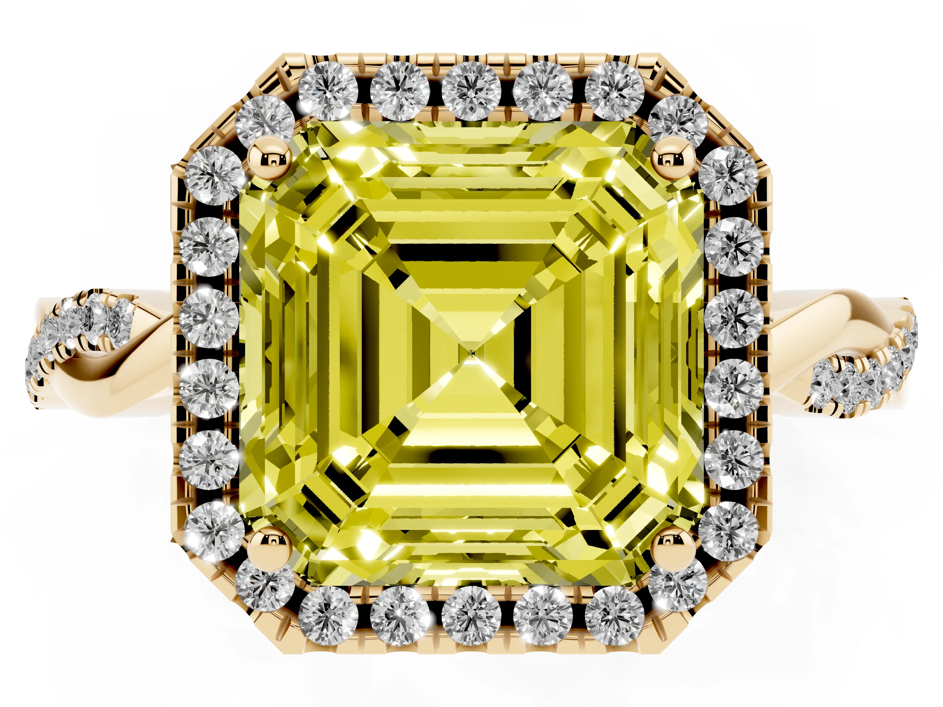 Fancy Yellow Asscher Cut Diamond Halo Twisted Band Ring Set in Yellow gold with Prong Setting