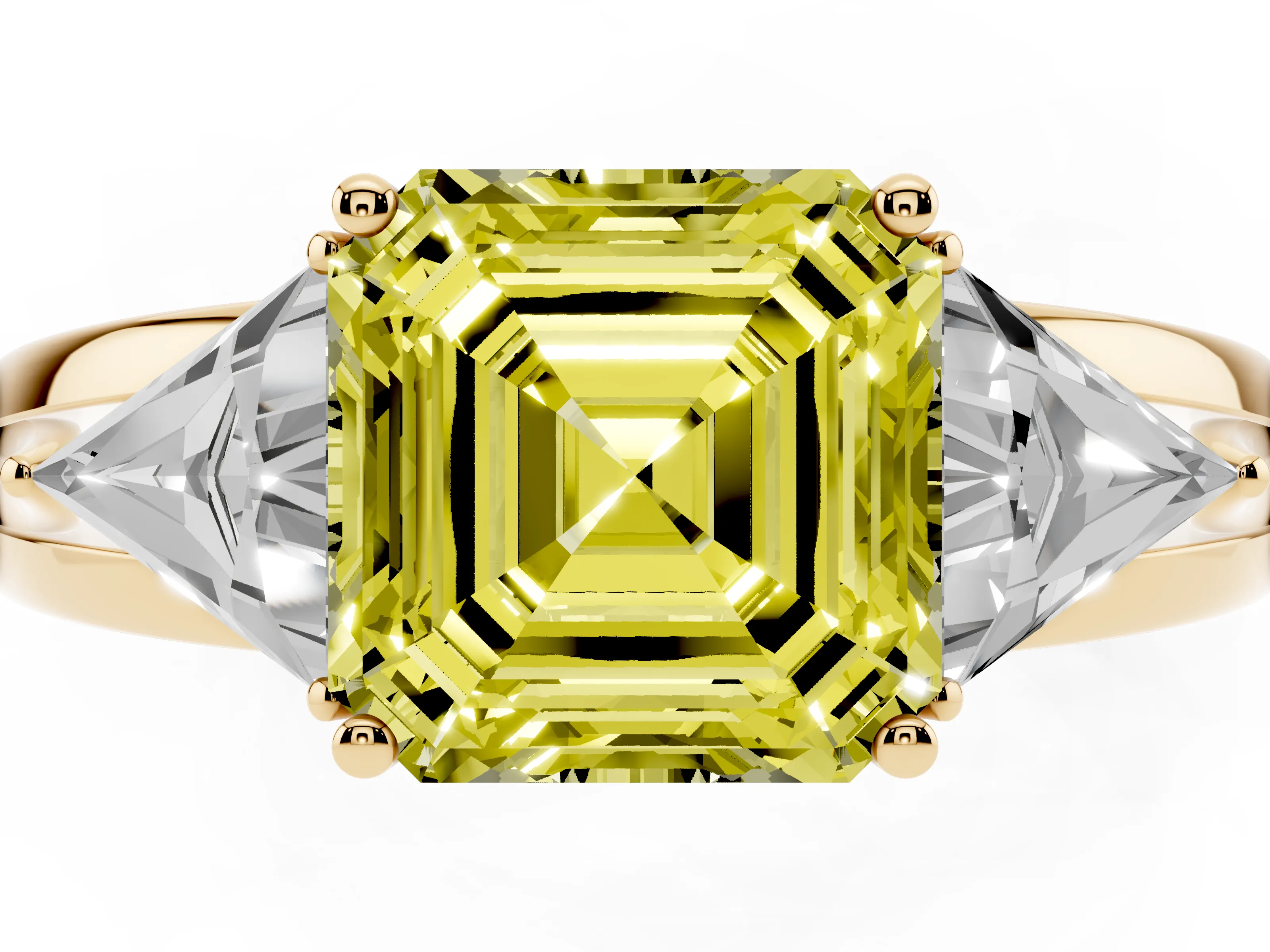Fancy Yellow Asscher Cut Diamond Three-Stone Ring Set in Yellow gold with Trillion Side Stones and Split Shank