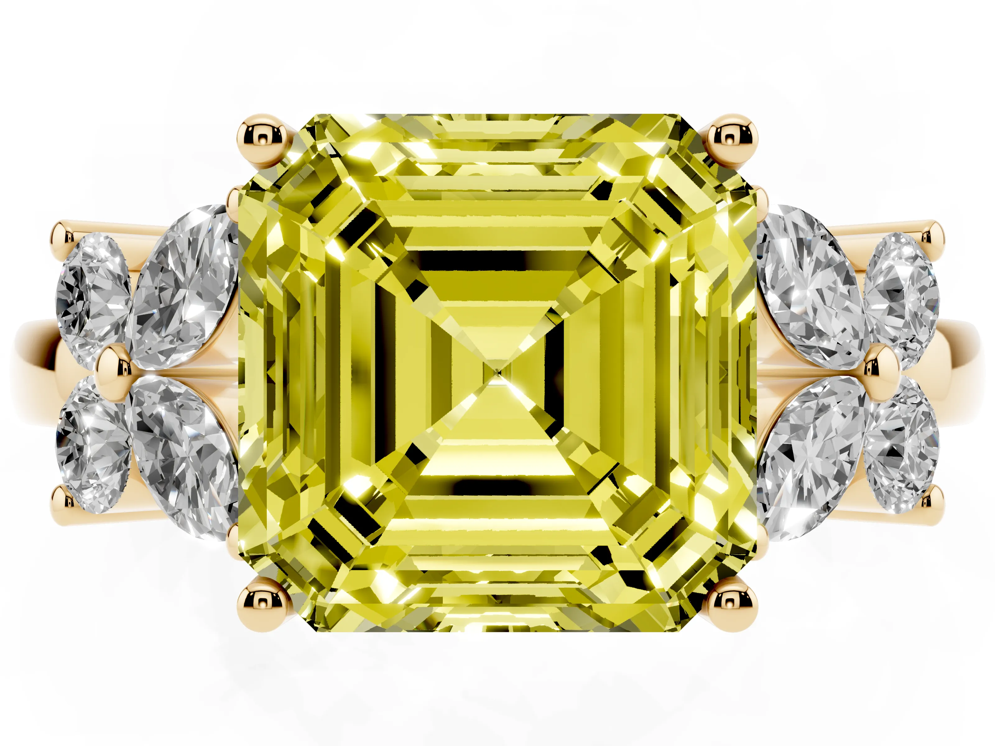 Fancy Yellow Asscher Cut Diamond Floral Cluster Ring Set in Yellow gold with Marquise Petals and Prong Setting
