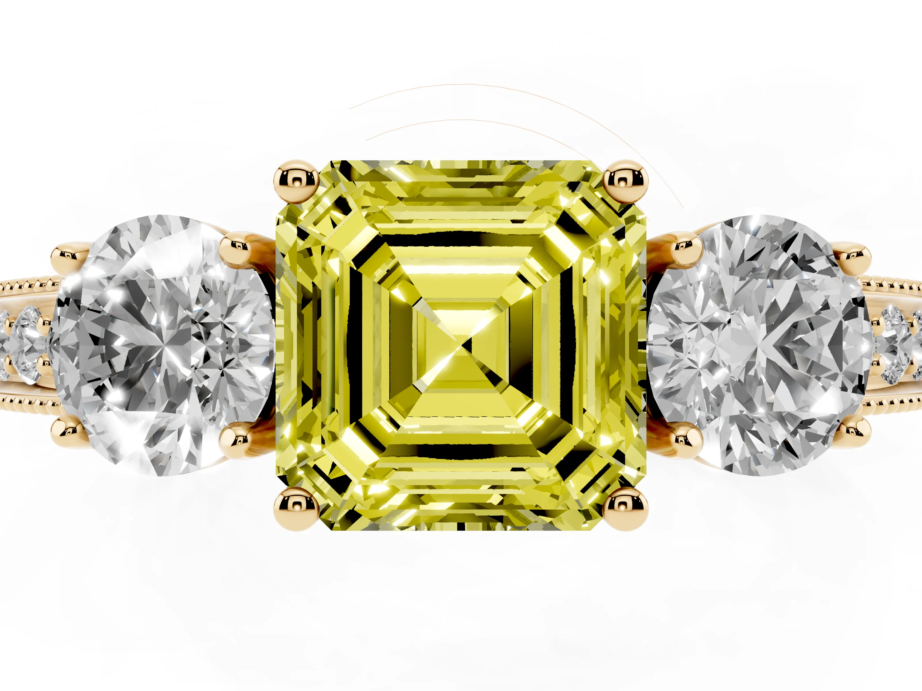 Fancy Yellow Asscher Cut Diamond Three-Stone Ring Set in Yellow gold with Round Side Stones and Pavé Band