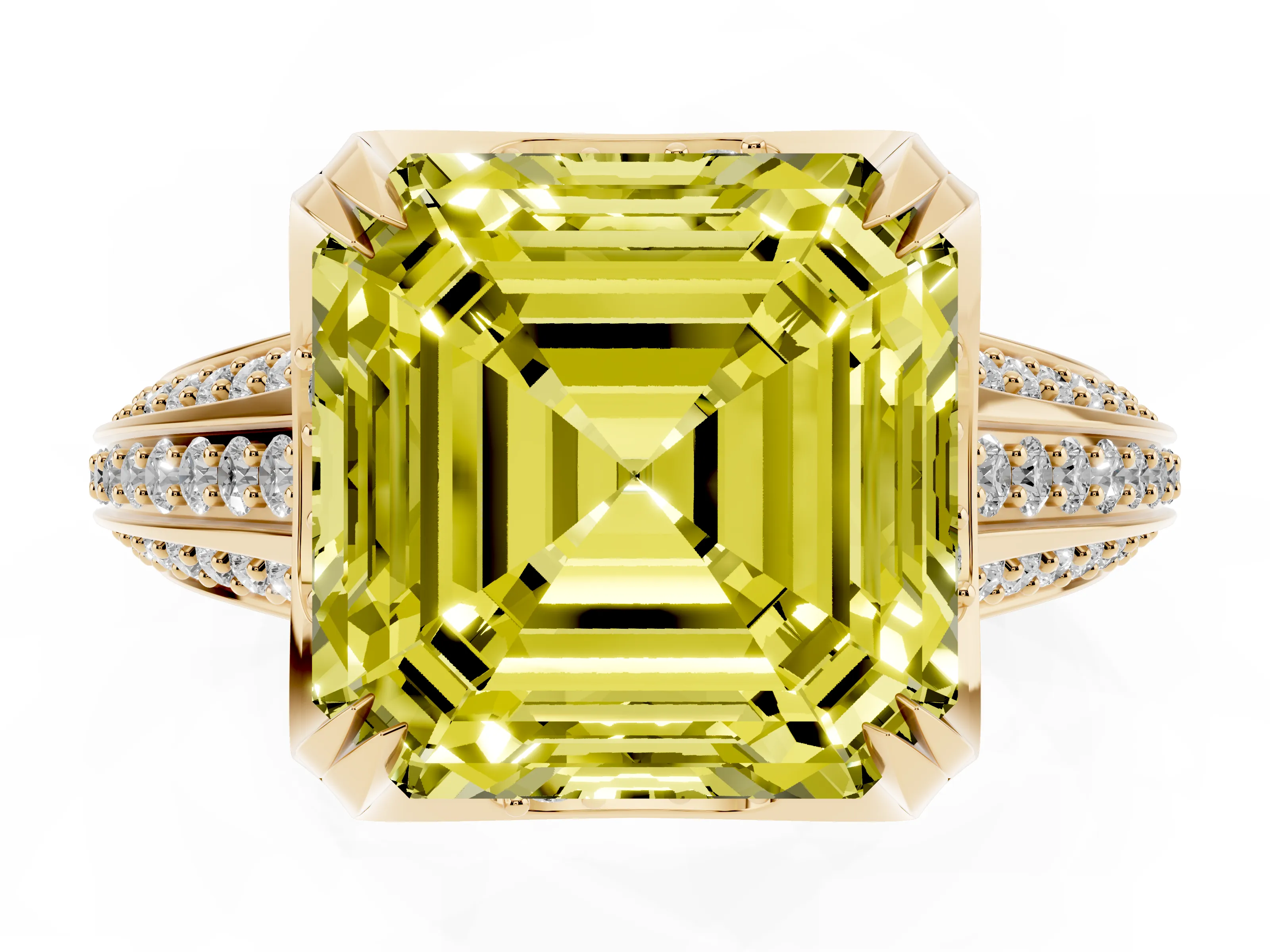 Fancy Yellow Asscher Cut Diamond Pavé Split Shank Solitaire Ring Set in Yellow gold with Prong Setting