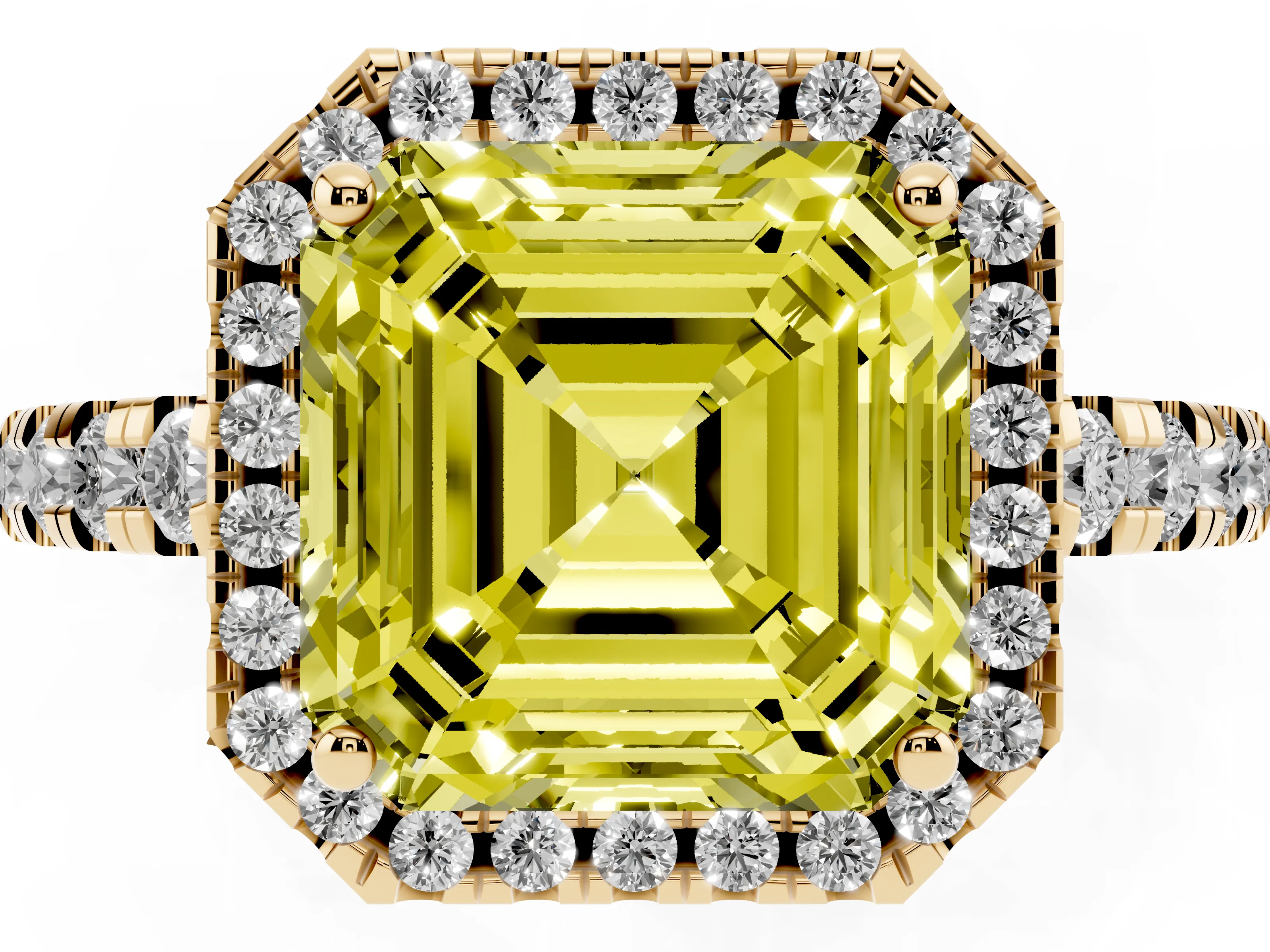 Fancy Yellow Asscher Cut Diamond Halo Ring Set in Yellow gold with Delicate Pavé Band and Prong Setting