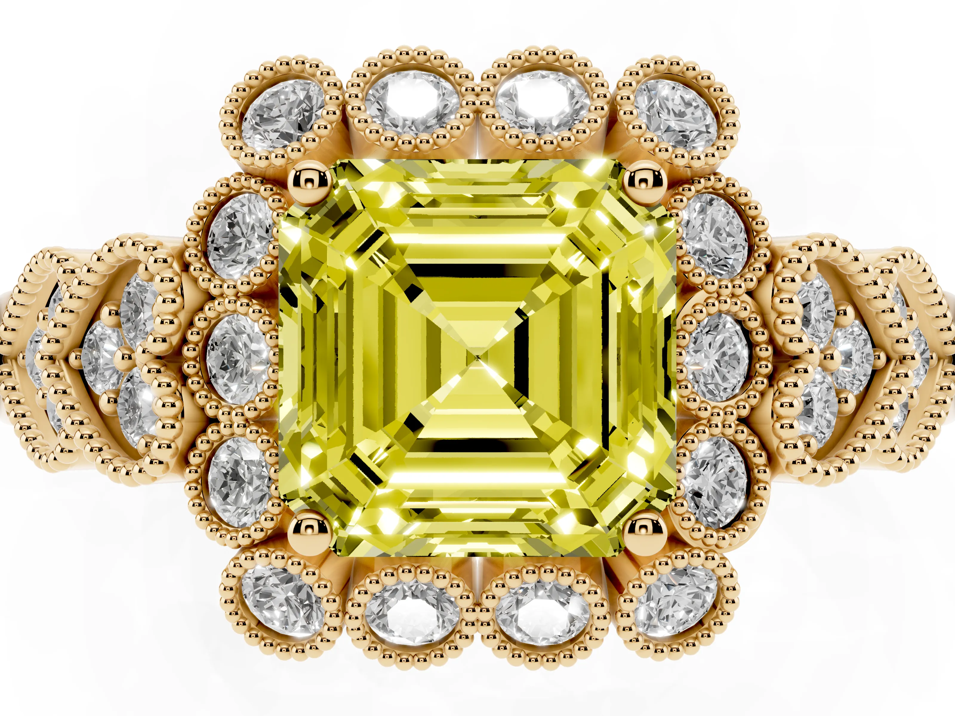Fancy Yellow Asscher Cut Diamond Solitaire Ring Set in Yellow gold with Milgrain Pavé Heart Band